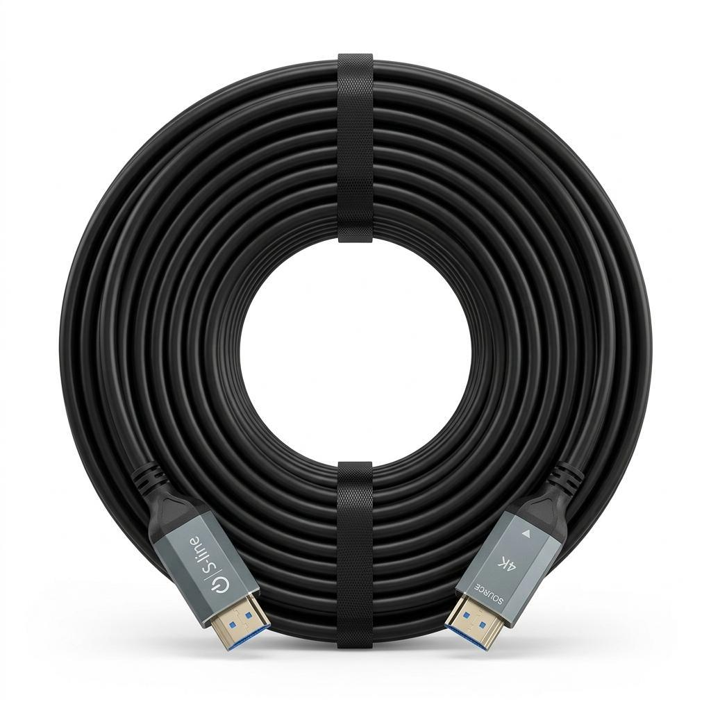 Siyah HDMI kablosu, rulo yapılmış ve siyah cırt cırtlı bantla sabitlenmiş. Gri konektörler.