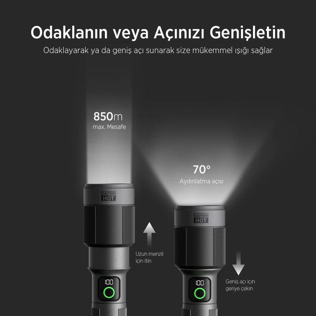 İki el feneri: biri 850m menzil, diğeri 70° geniş açılı ışık. Zoom ayarı.
