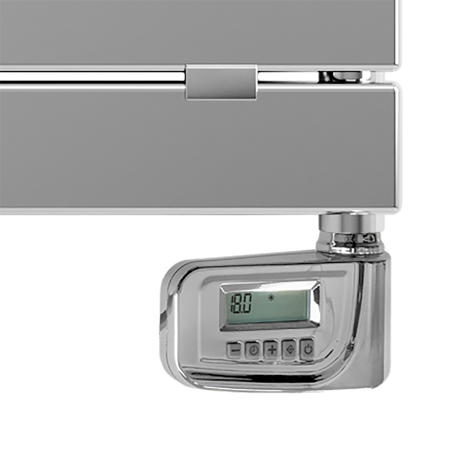 Un control plateado para radiador toallero con pantalla digital que muestra 18,0 grados.