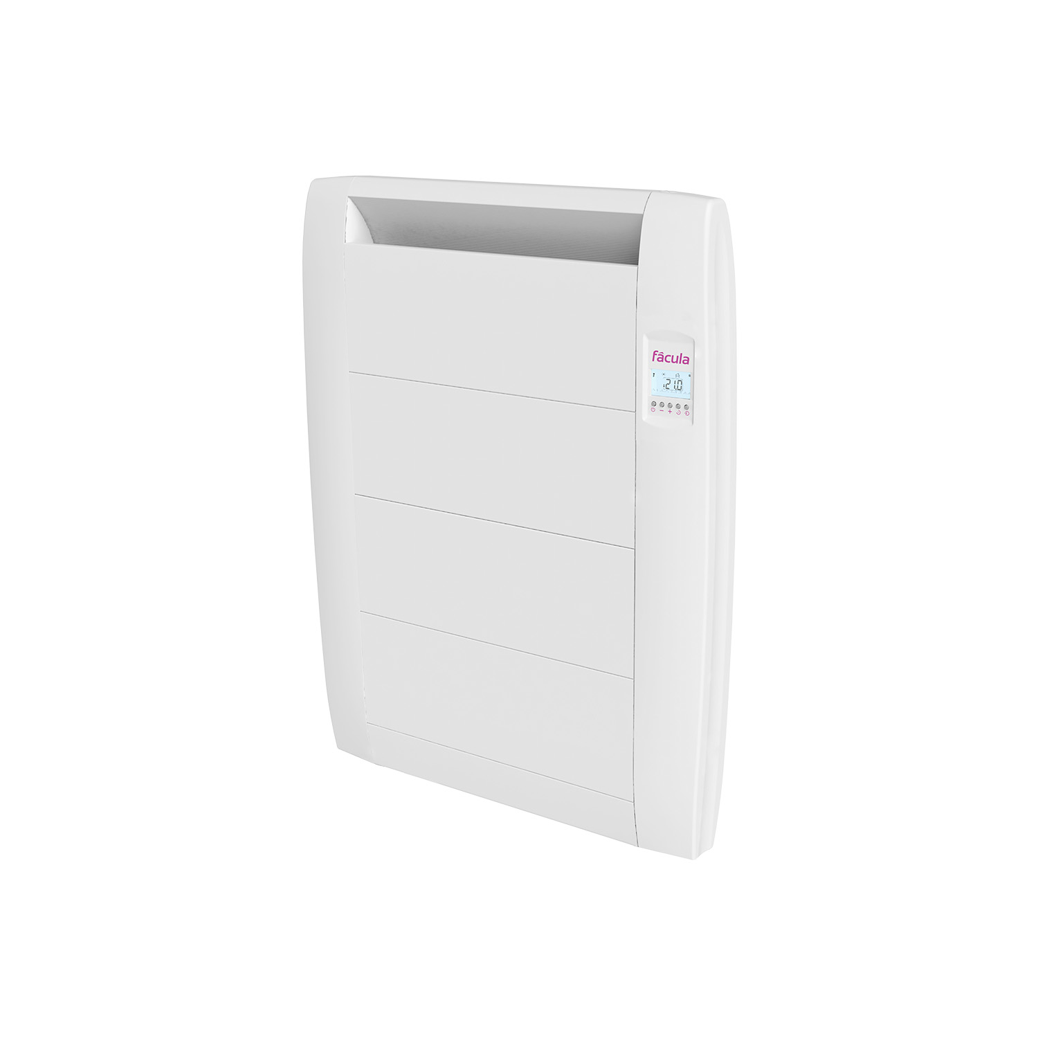 Un radiador blanco y moderno con pantalla digital que muestra 21 grados.