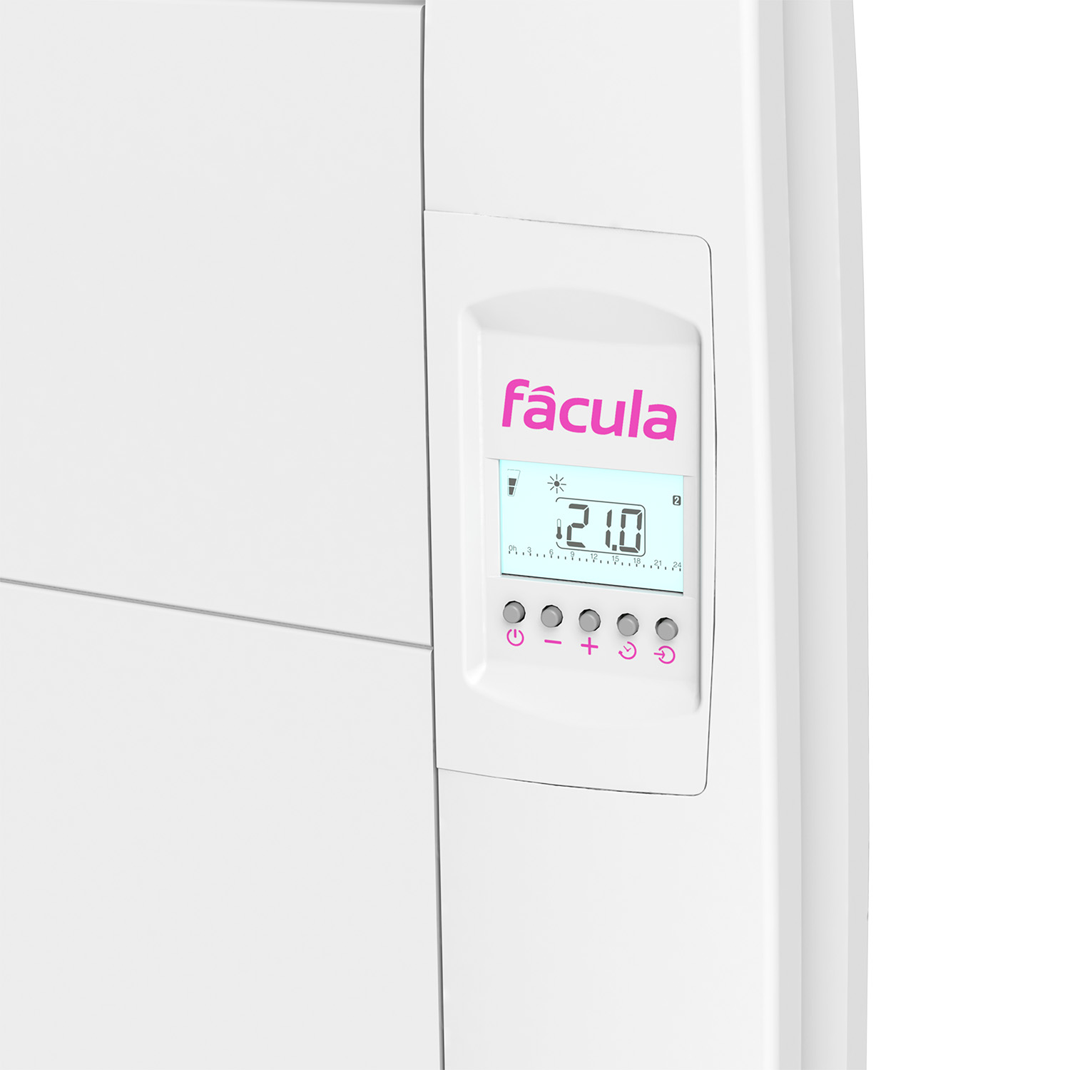 Radiador blanco con pantalla digital mostrando 21.0 grados y botones de control.