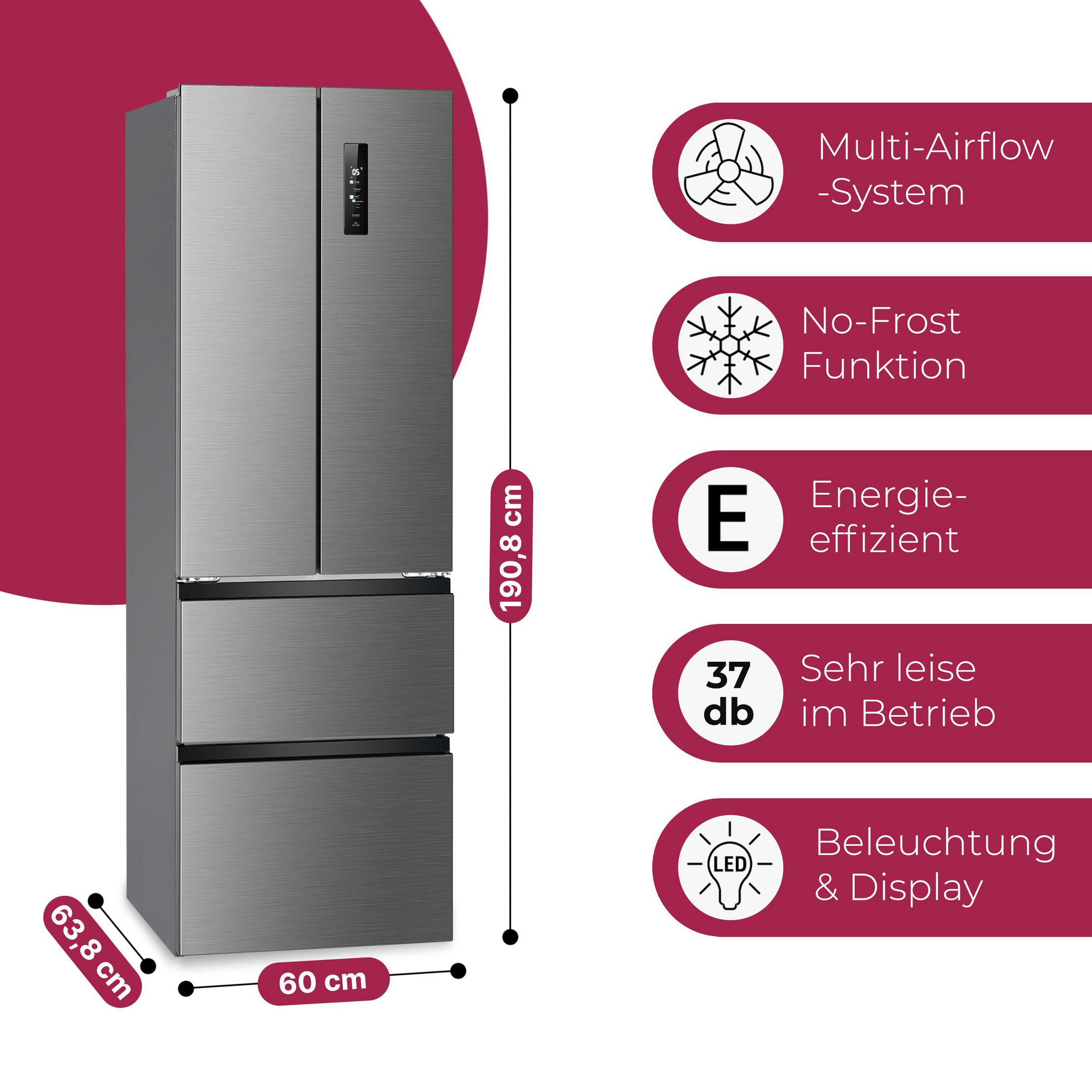 Ein moderner grauer Kühlschrank mit mehreren Türen, 190,8 cm hoch.