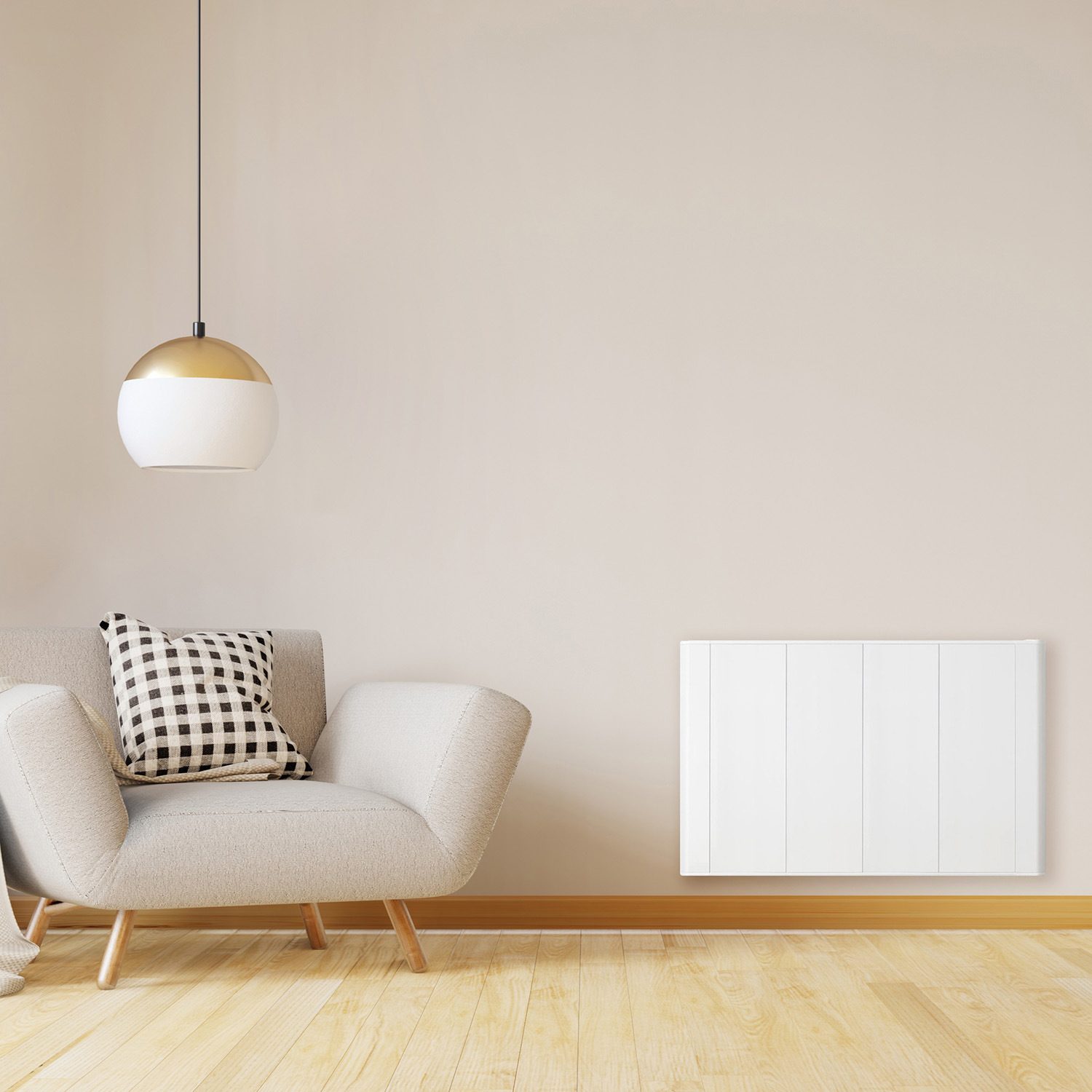 Un sillón beige con cojín a cuadros, lámpara y radiador.