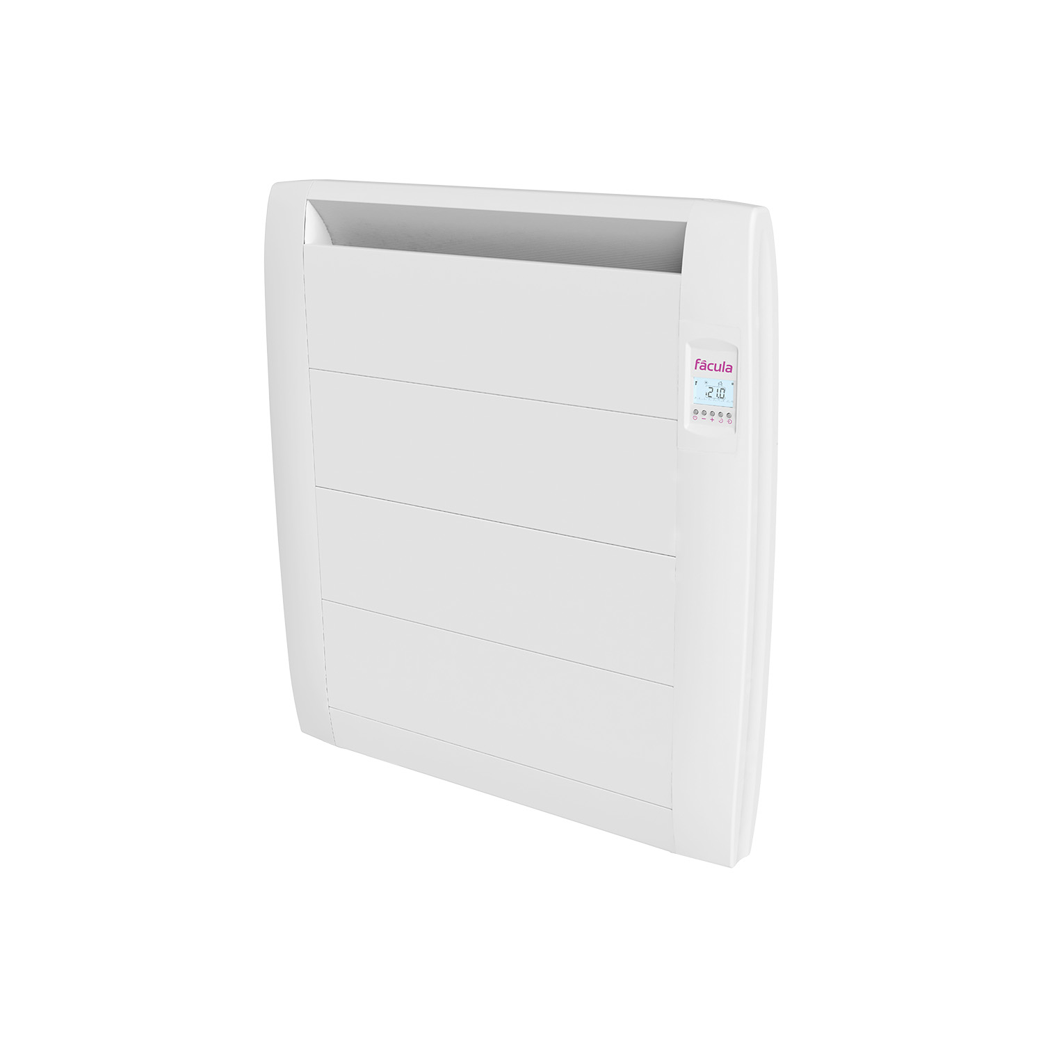 Un radiador eléctrico blanco con pantalla digital muestra 21 grados.