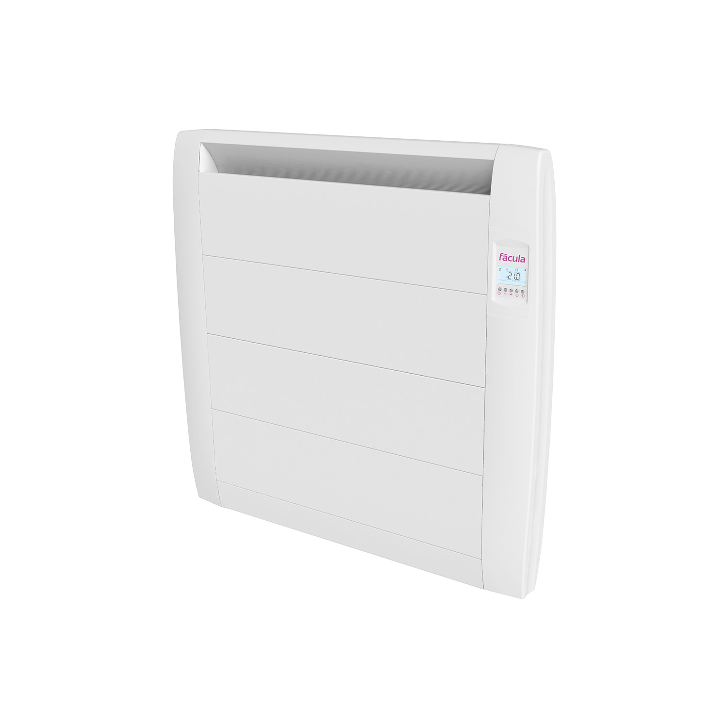 Un radiador eléctrico blanco con pantalla digital que muestra 21 grados.