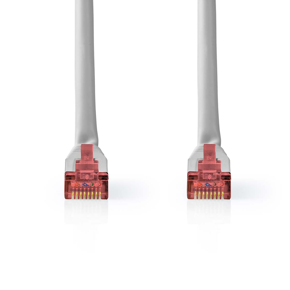 Due cavi di rete bianchi con connettori RJ45 rossi su sfondo bianco.