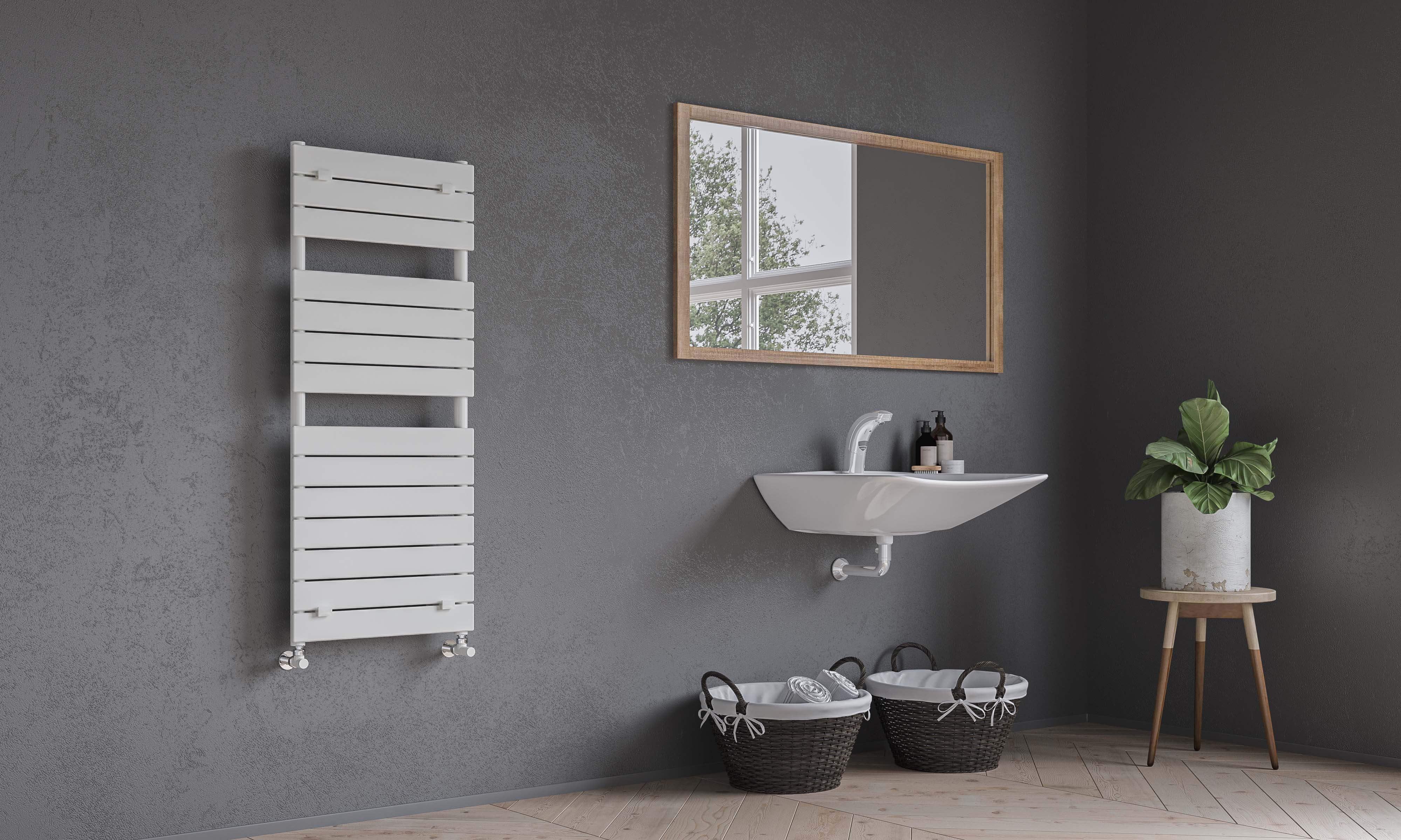 Baño moderno con radiador blanco, lavabo, espejo y cestas.