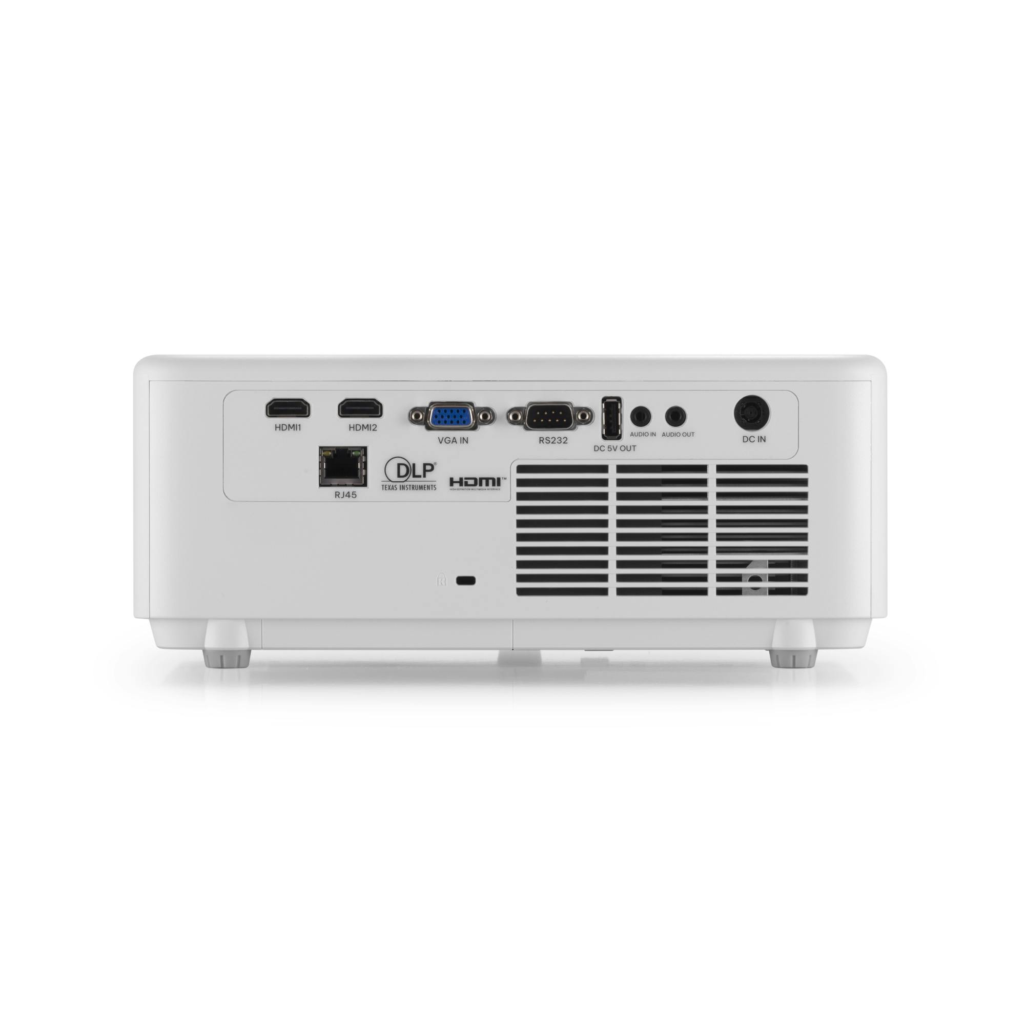 Biały projektor z portami: HDMI, VGA, RS232, Audio i DC IN.