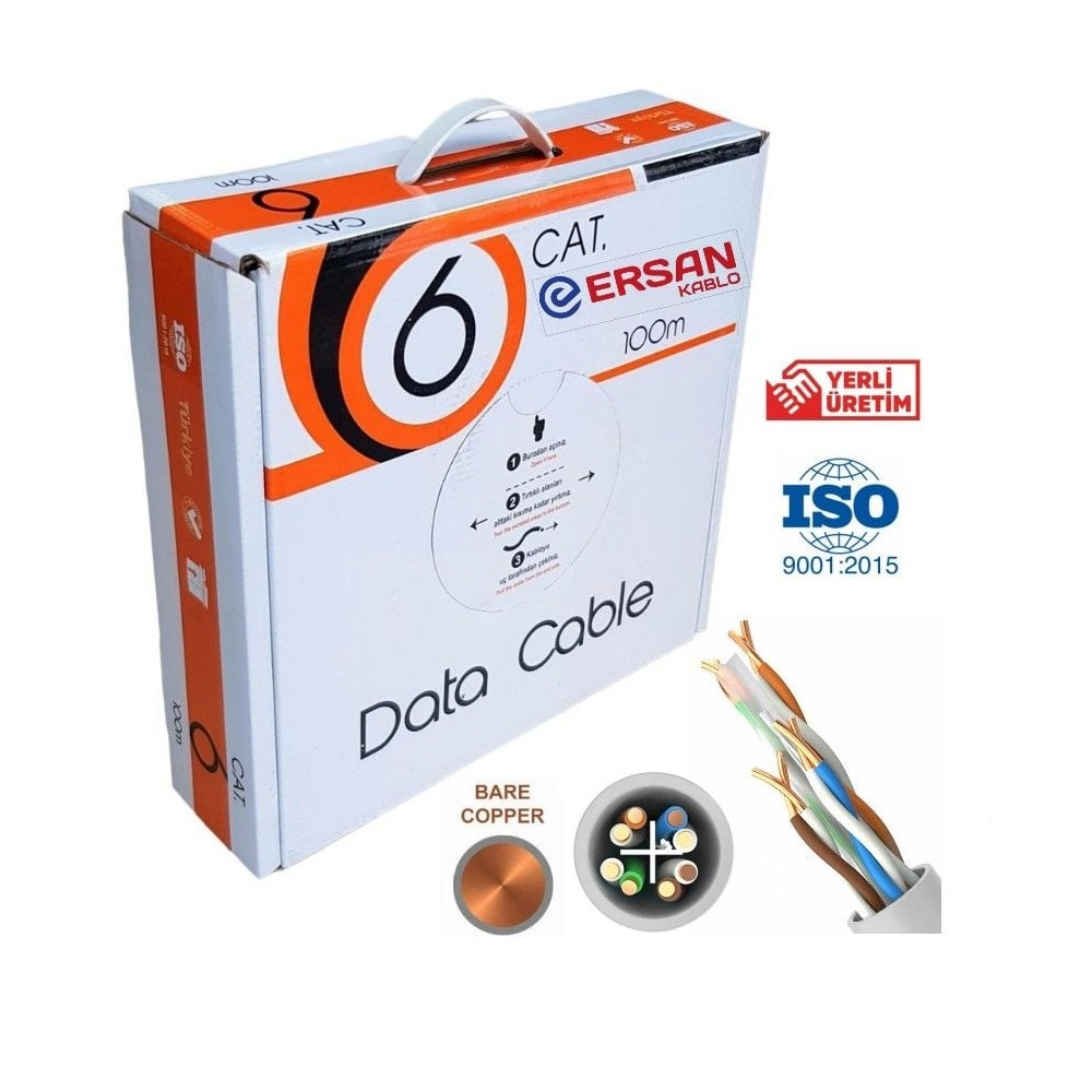 ERSAN KABLO 23AWG Full Bakır CAT6 Gri 100Mt Yerli Üretim Ethernet Kablosu