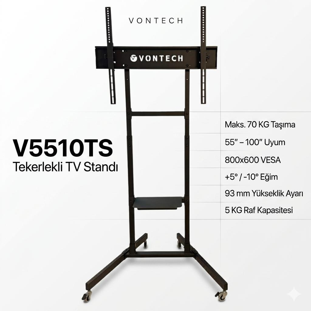 Siyah tekerlekli TV standı, VESA uyumlu, 70kg taşıma, 55-100 inç.