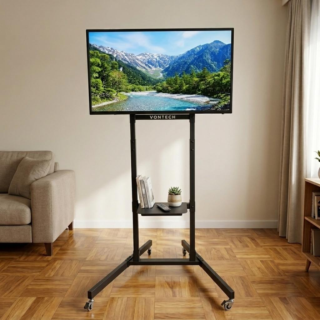 Tekerlekli siyah TV sehpası, dağ manzarası gösteren bir TV sergiliyor.