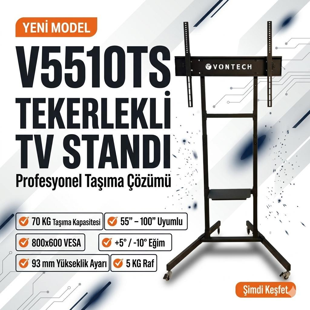 Siyah, tekerlekli TV sehpası 55-100 inç TV'ler için, 70 kg taşıma kapasitesi.