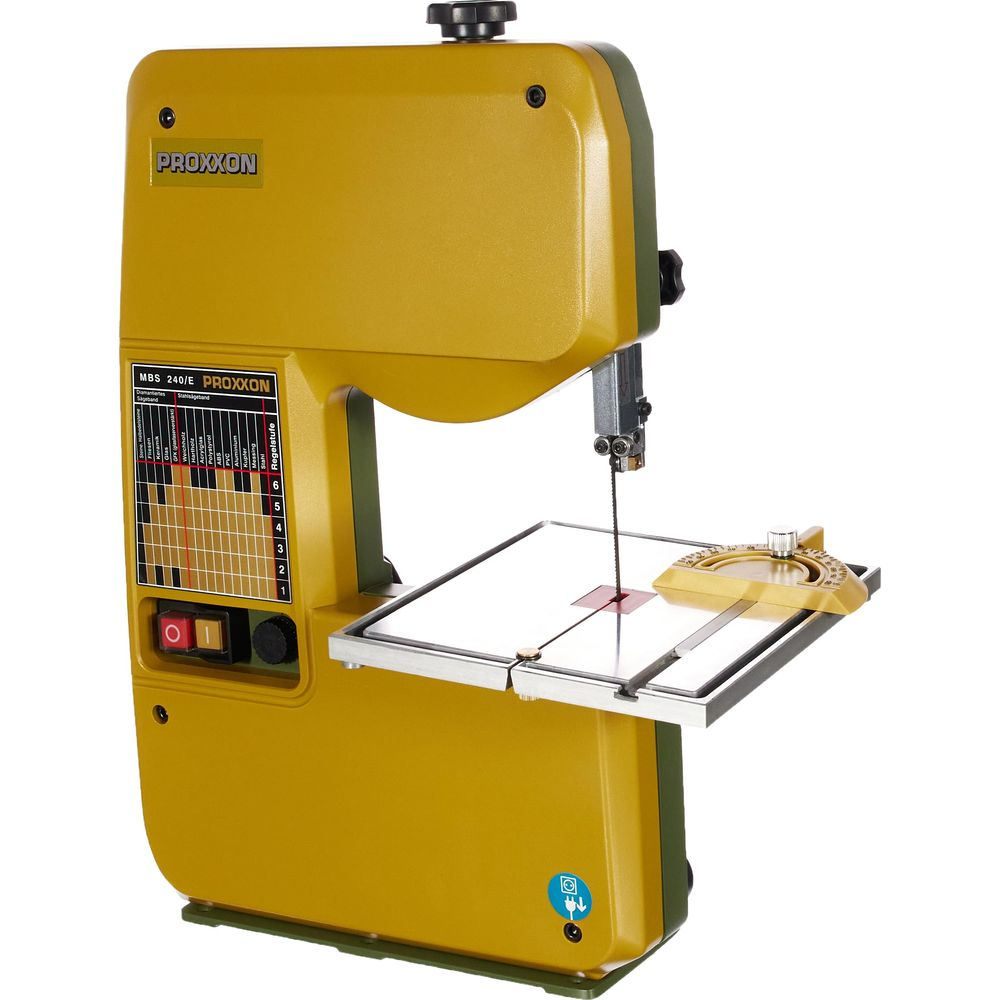 Gelbe Proxxon Bandsäge MBS 240/E mit Sägeblatt und Schneidetisch.