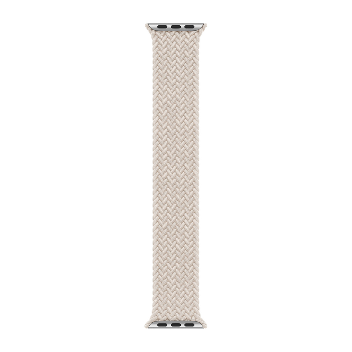 Un cinturino Apple Watch intrecciato beige chiaro con connettori argentati.