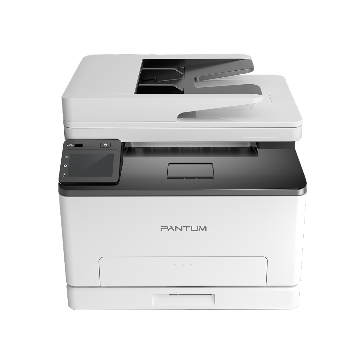 Una stampante Pantum bianca e nera con scanner e pannello di controllo touchscreen.