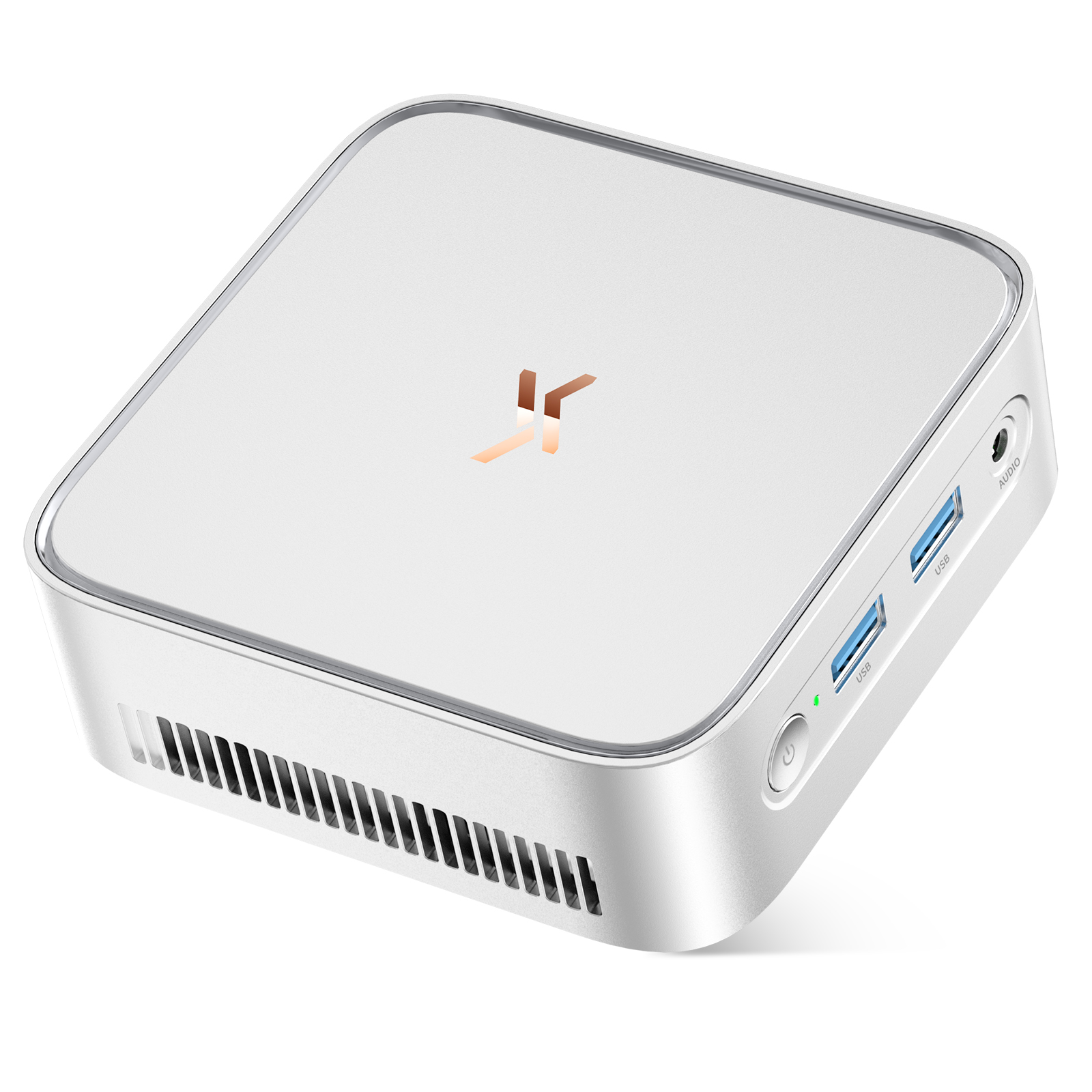 Ein kleiner weißer Computer mit einem stilisierten Logo und USB-Anschlüssen.