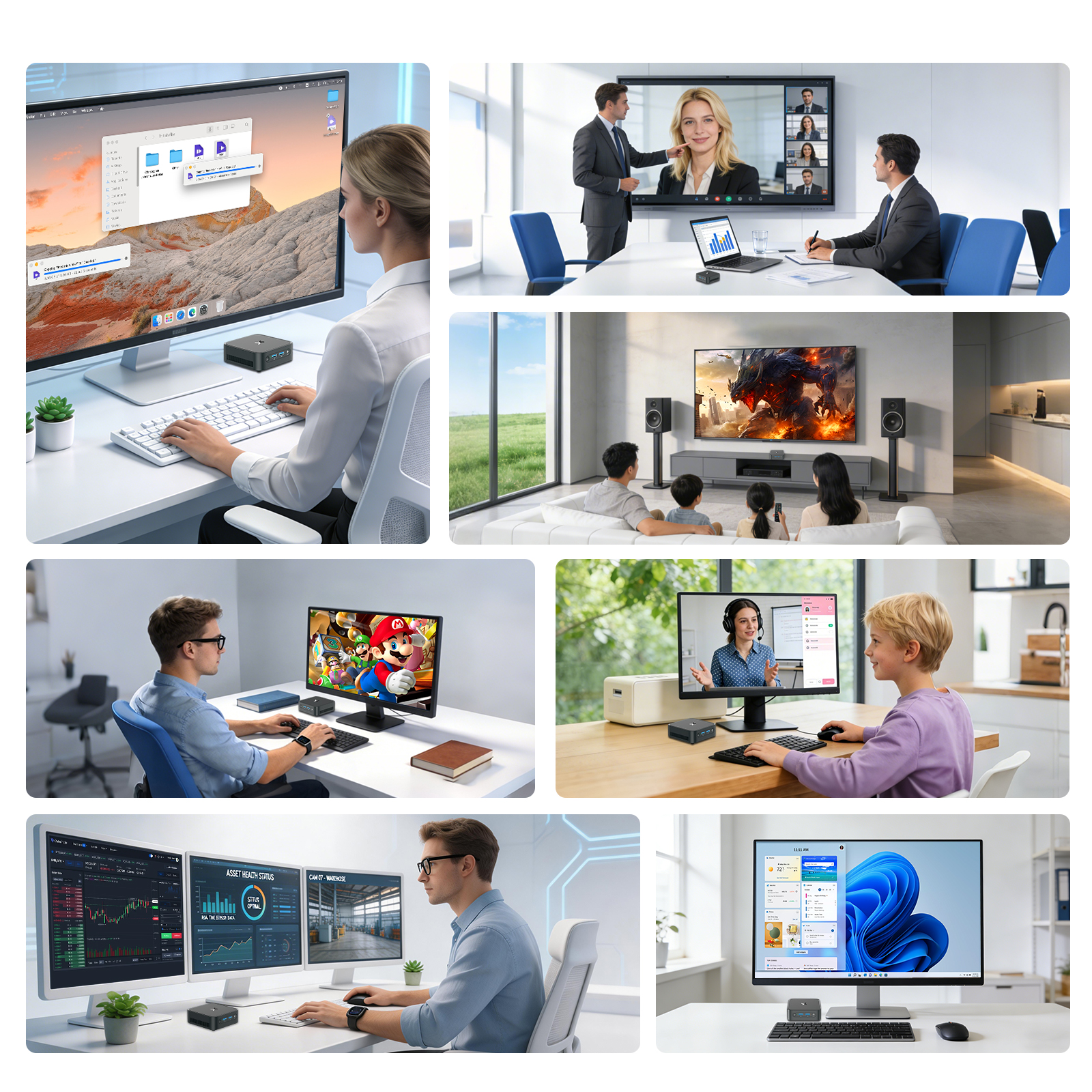 Eine Collage aus sechs Bildern, die Personen bei der Nutzung von Mini-PCs für verschiedene Aufgaben wie Arbeit, Gaming und Unterhaltung zeigen.