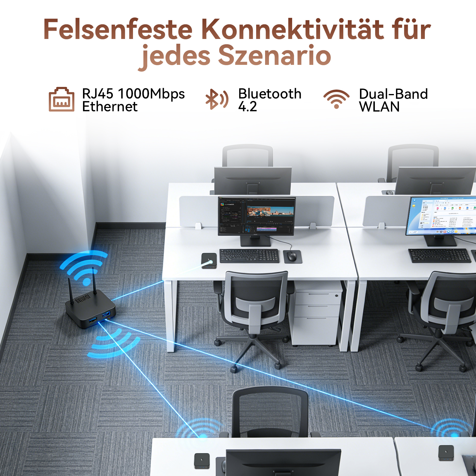 Büro mit Computern, ein Router sendet Signale. RJ45, Bluetooth, WLAN.