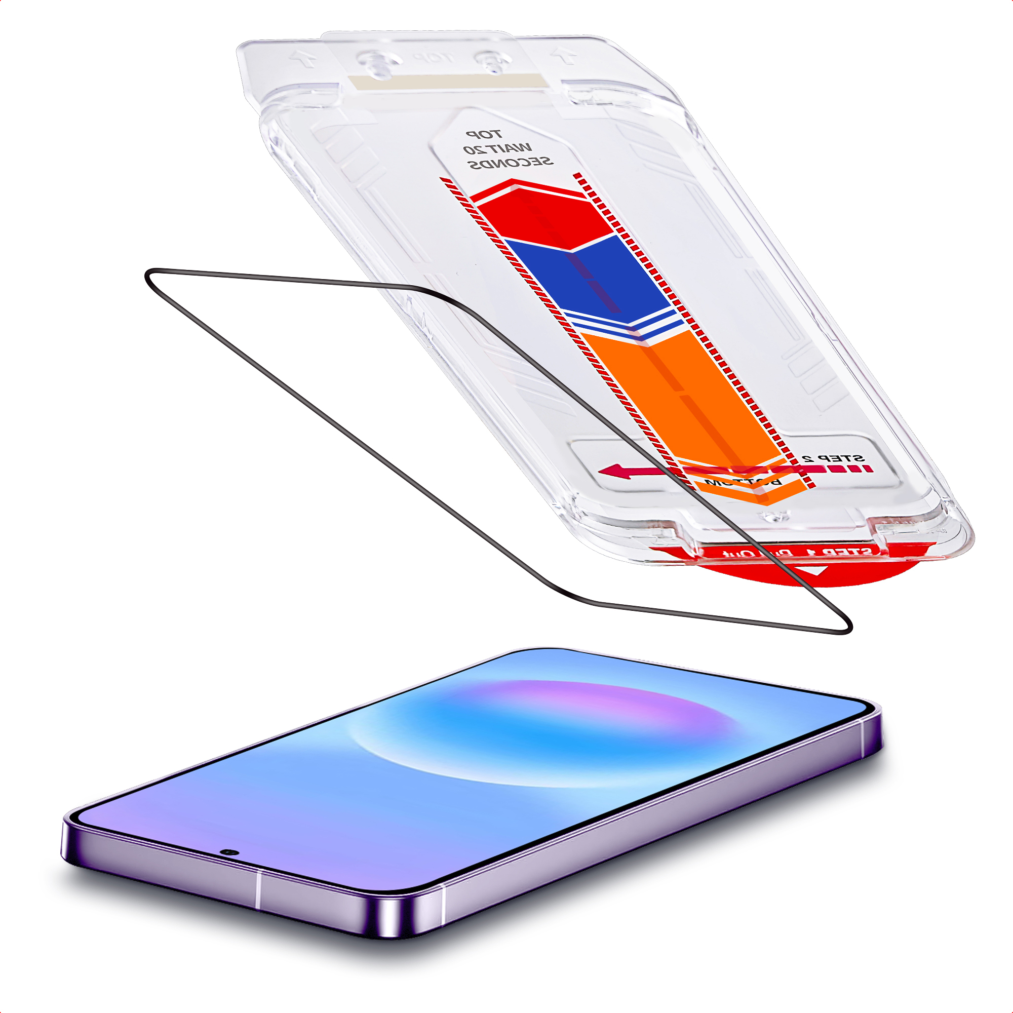 Een smartphone met paars frame ligt naast een hulpmiddel voor het aanbrengen van een screenprotector.