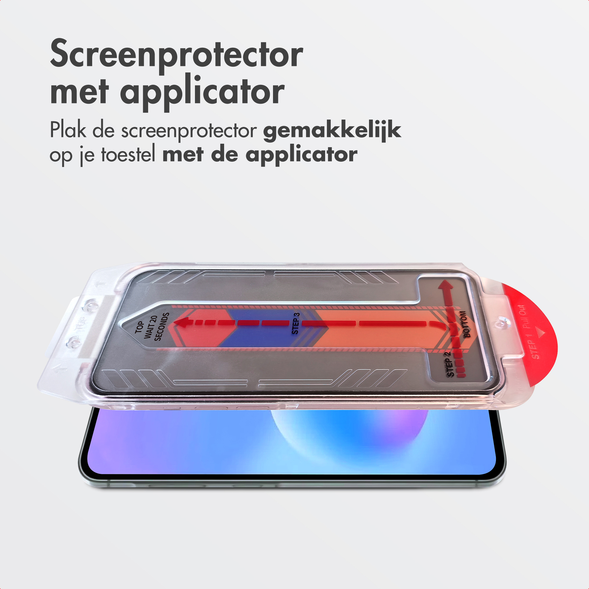 Screenprotector met applicator voor een telefoon. Bevat instructies.