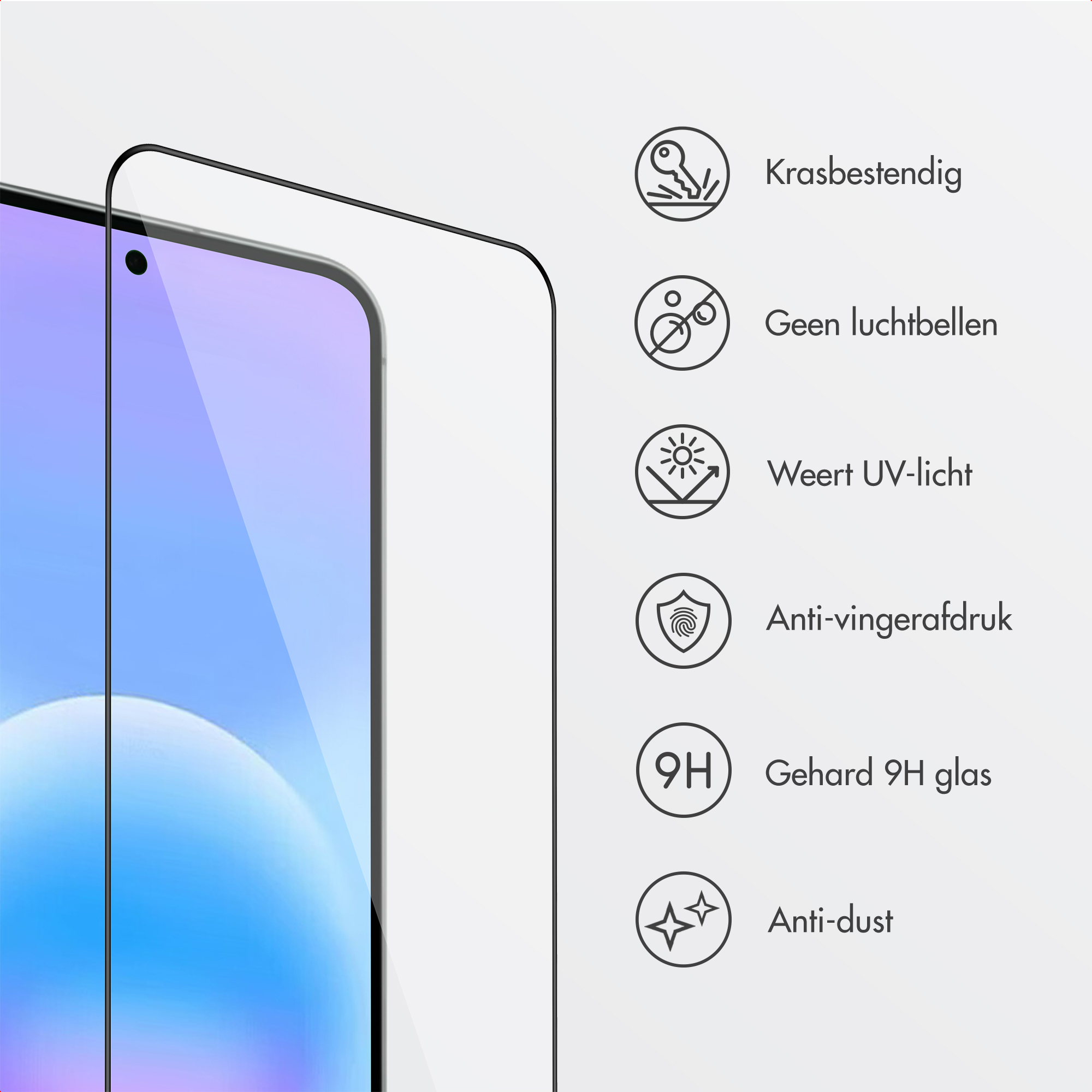 Screenprotector voor smartphones met krasbestendigheid, bubbelvrij, UV-bescherming.