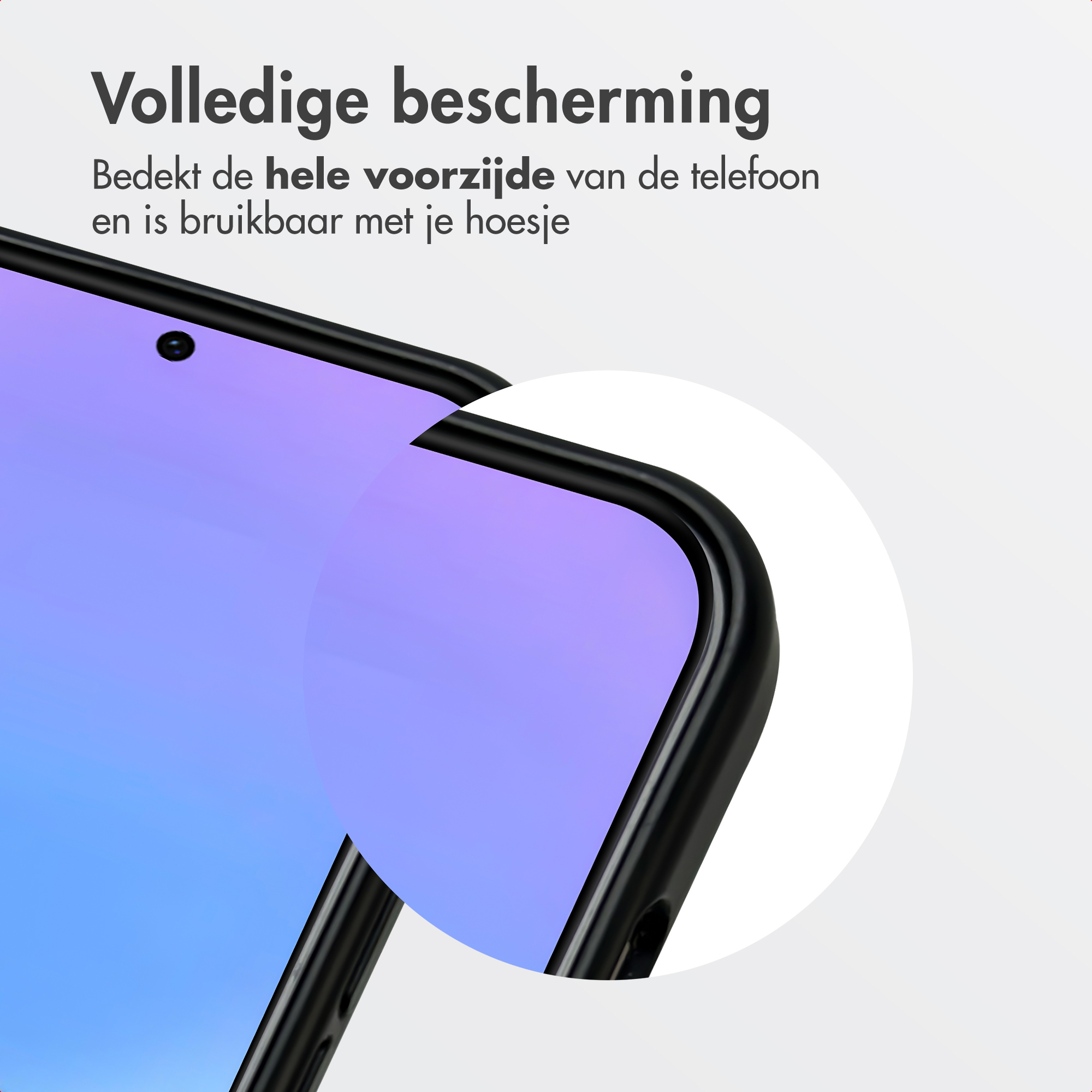 Zwart telefoonframe met paars scherm. "Volledige bescherming."