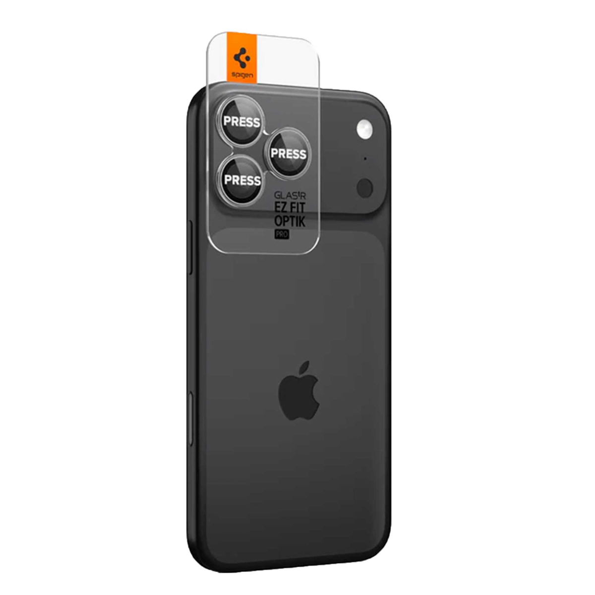 Spigen lensprotector op een donkere iPhone met drie 'PRESS'-knoppen.