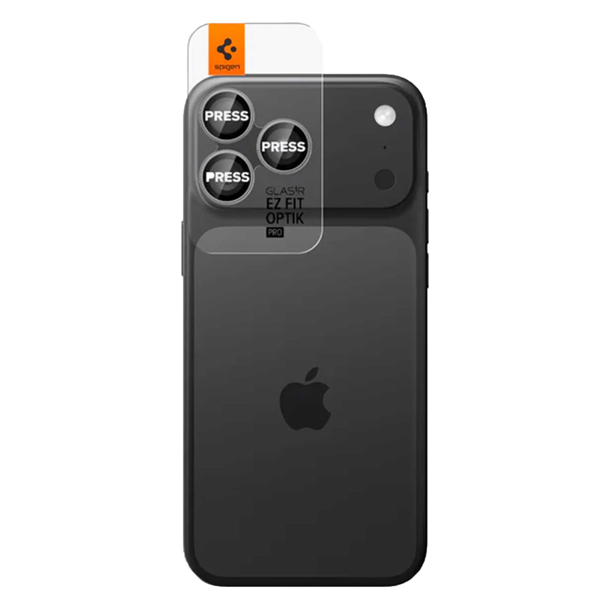 Zwarte iPhone met schermprotector met drie 'PRESS'-knoppen.