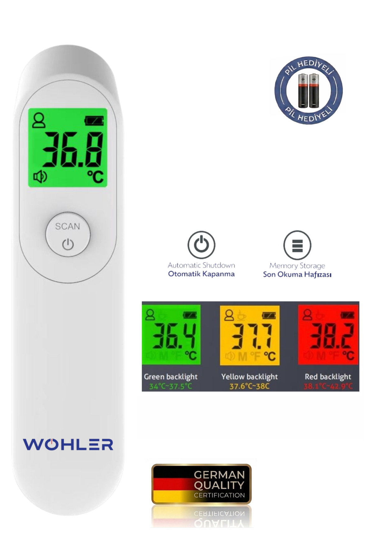 WOHLER Temassız Dijital Alından Vücut ve Nesne FDA Onaylı Ateş Ölçer Beyaz