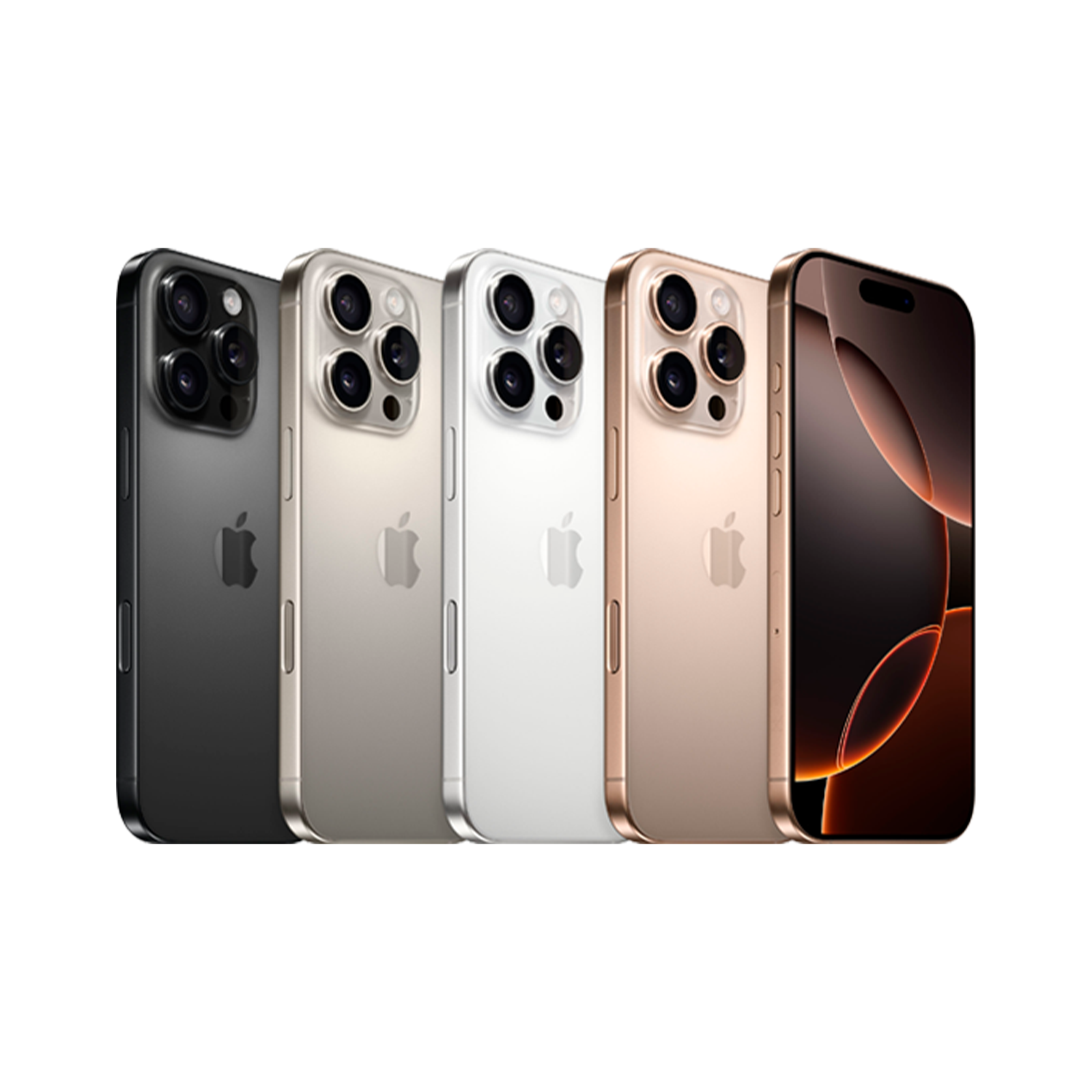 Pięć iPhone'ów w kolorach szarym, srebrnym, białym, złotym i z ciemnym ekranem, obok siebie.