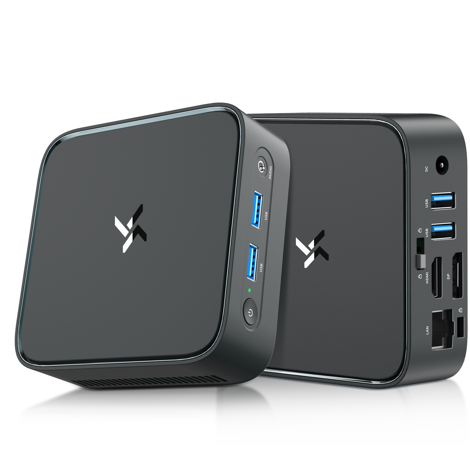 Twee donkere mini-pc's met poorten en logo op witte achtergrond.