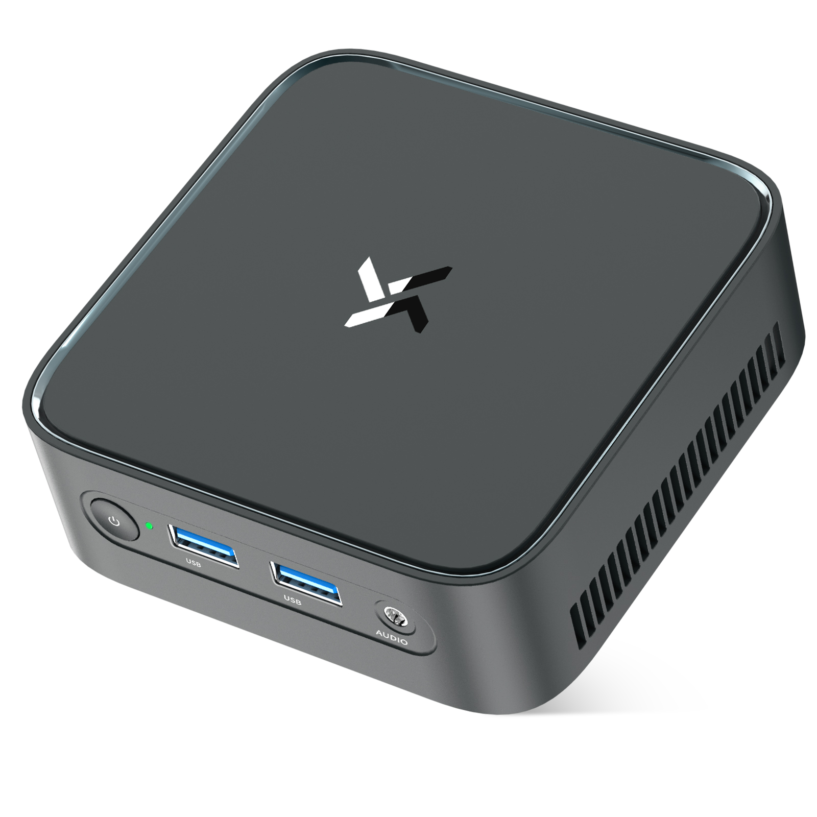 Een compacte, donkere computer met een wit logo bovenop en USB-poorten aan de voorzijde.