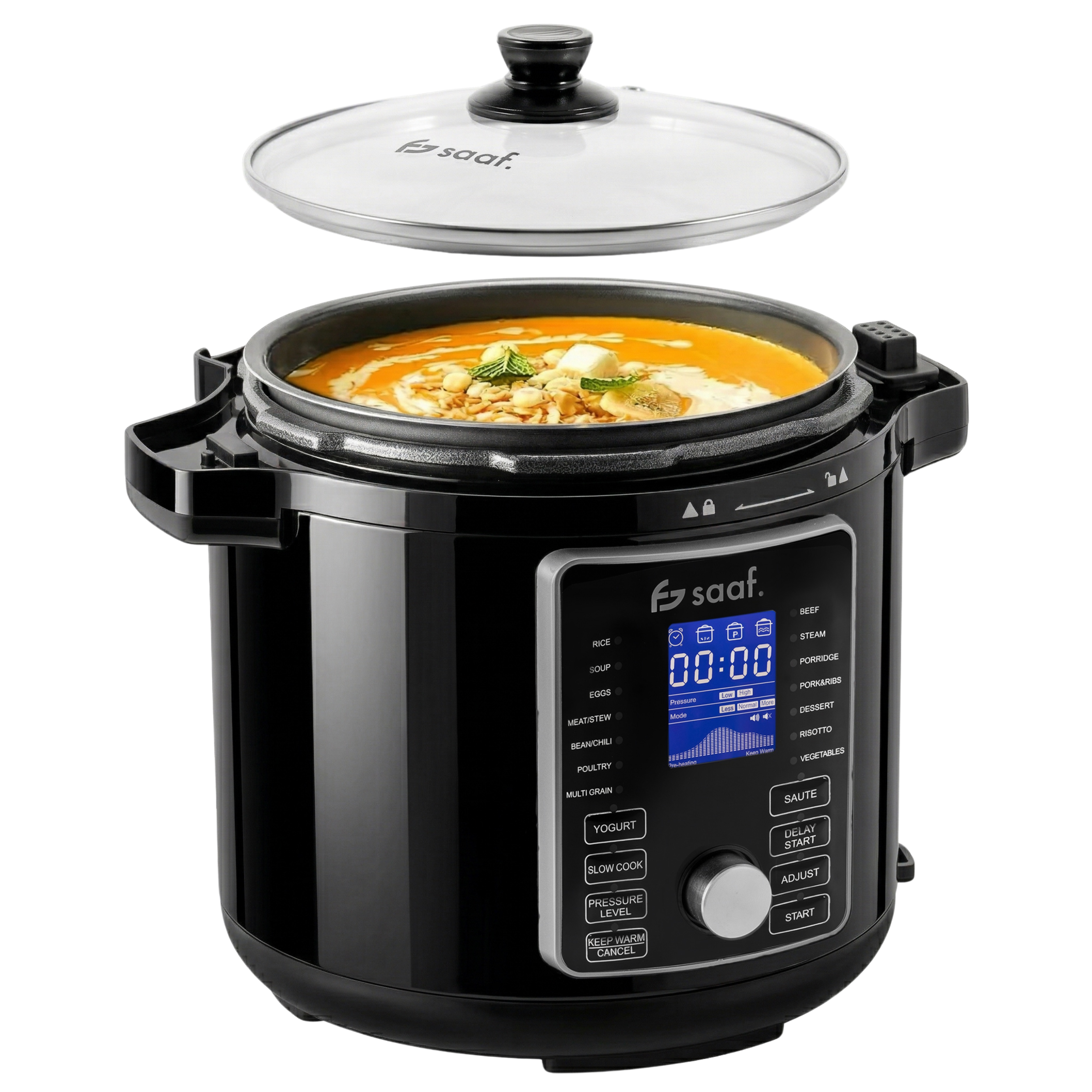 A black pressure cooker with lid, showing orange soup inside.