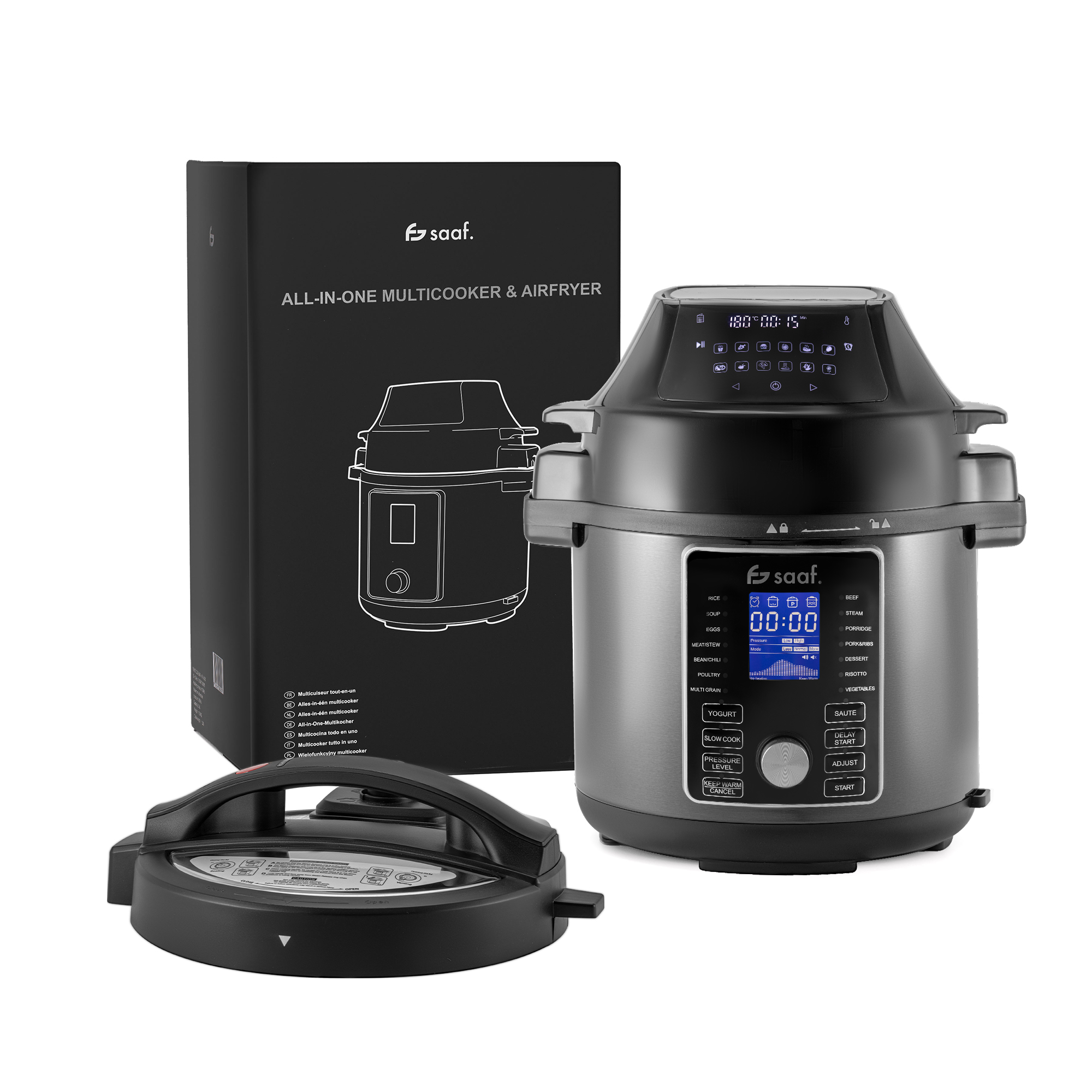 A gray all-in-one multicooker and air fryer with accessories and packaging.