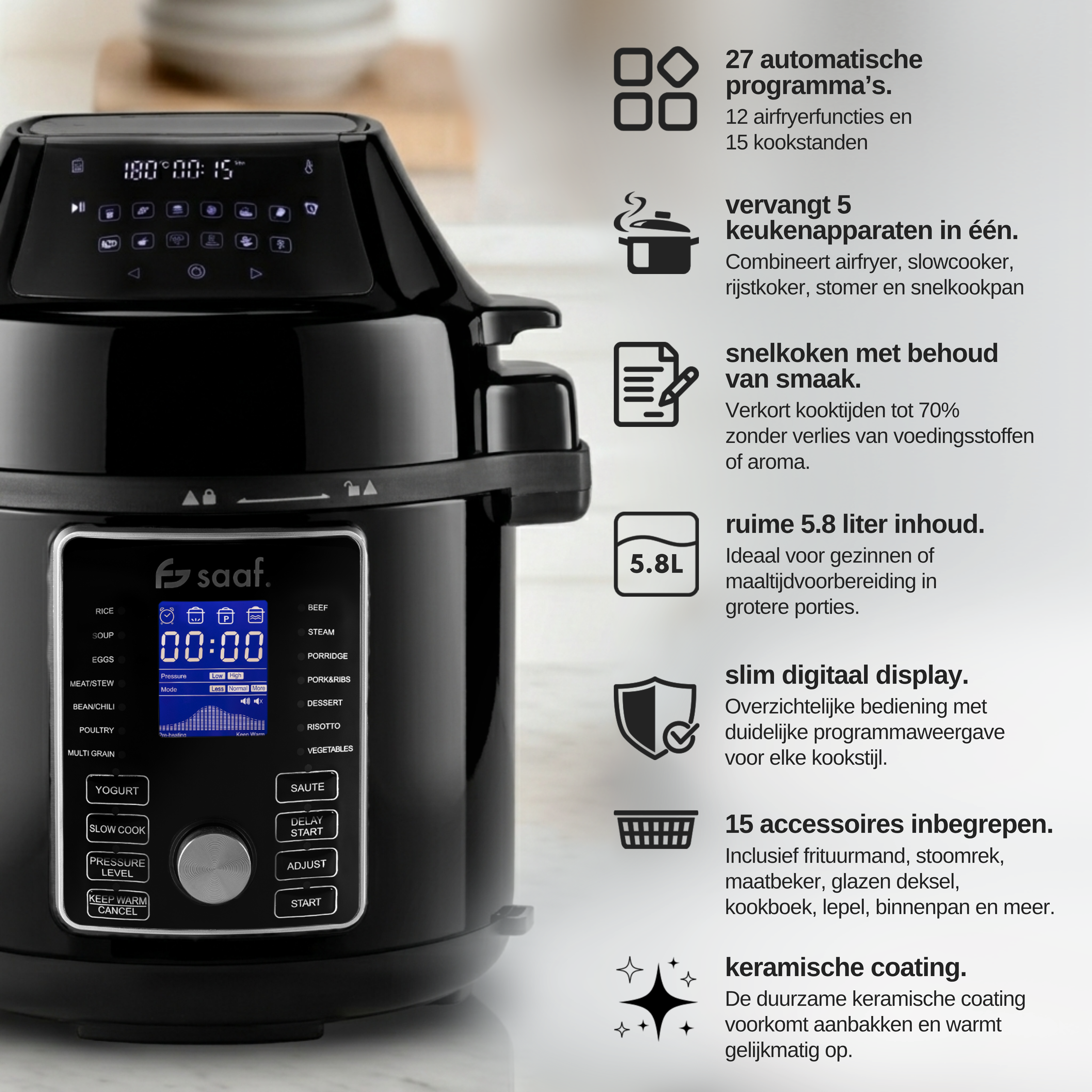 Black multi-cooker with digital display and cooking programs.