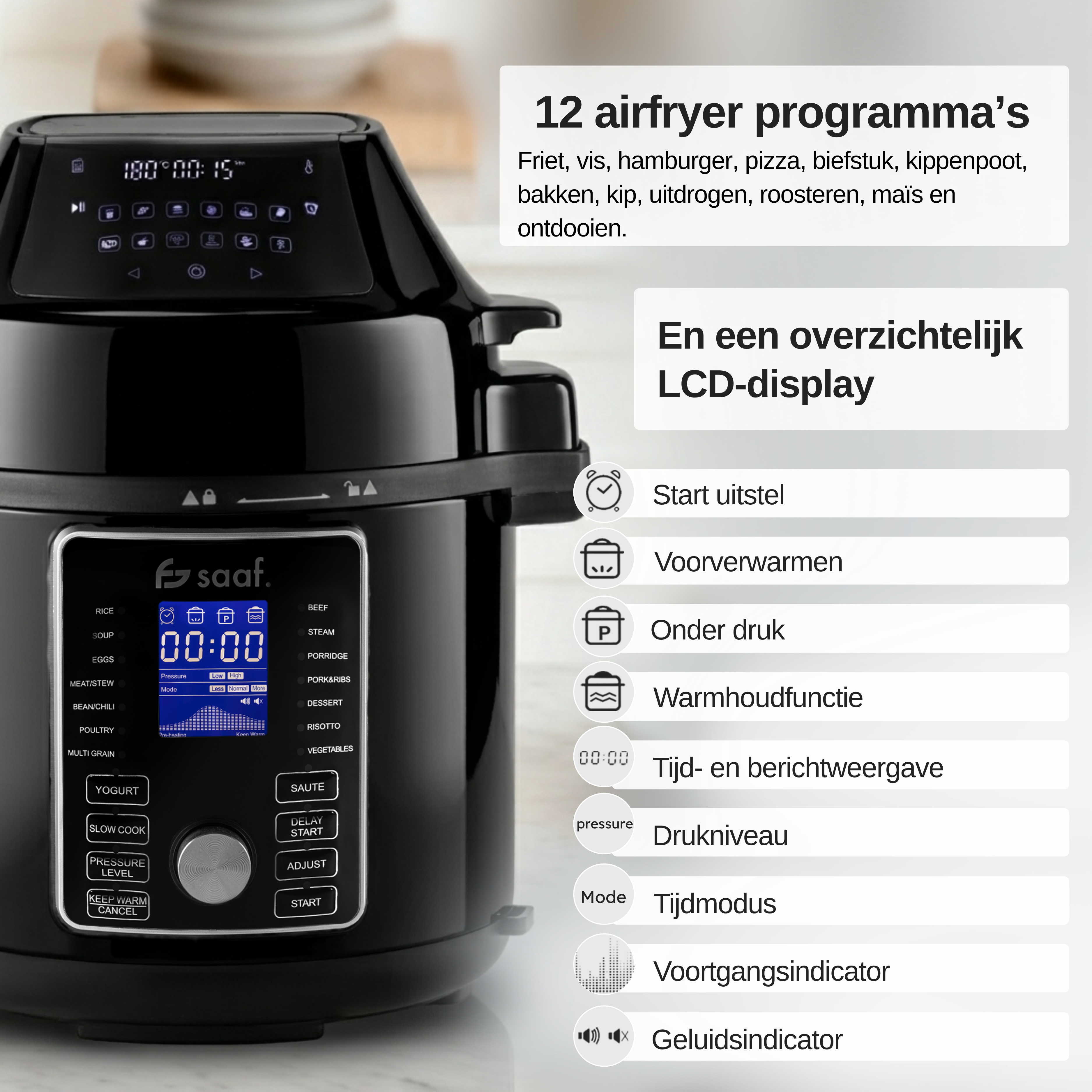 Black air fryer with LCD display showing 12 programs.