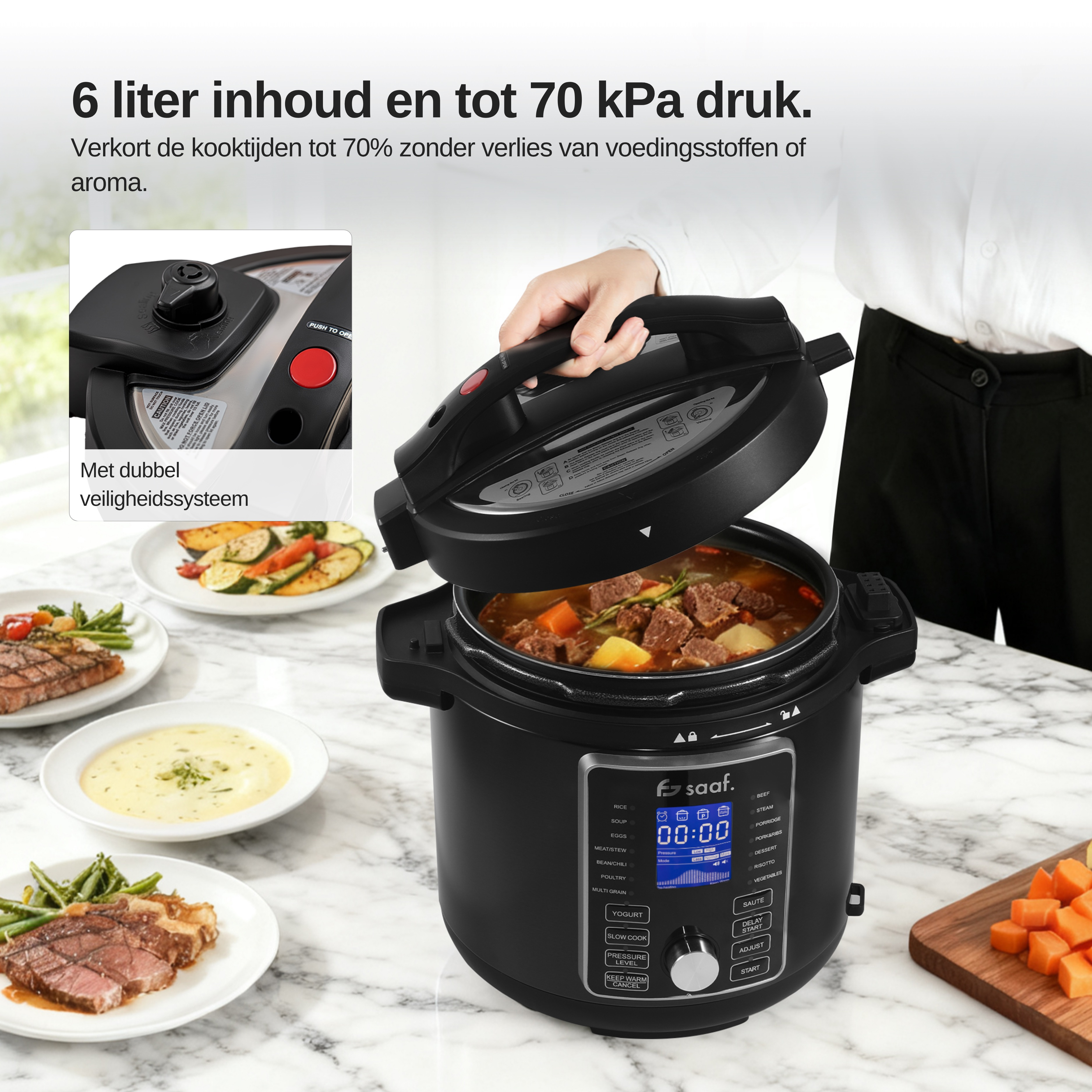 A black pressure cooker with its lid open, next to plated meals and chopped carrots.
