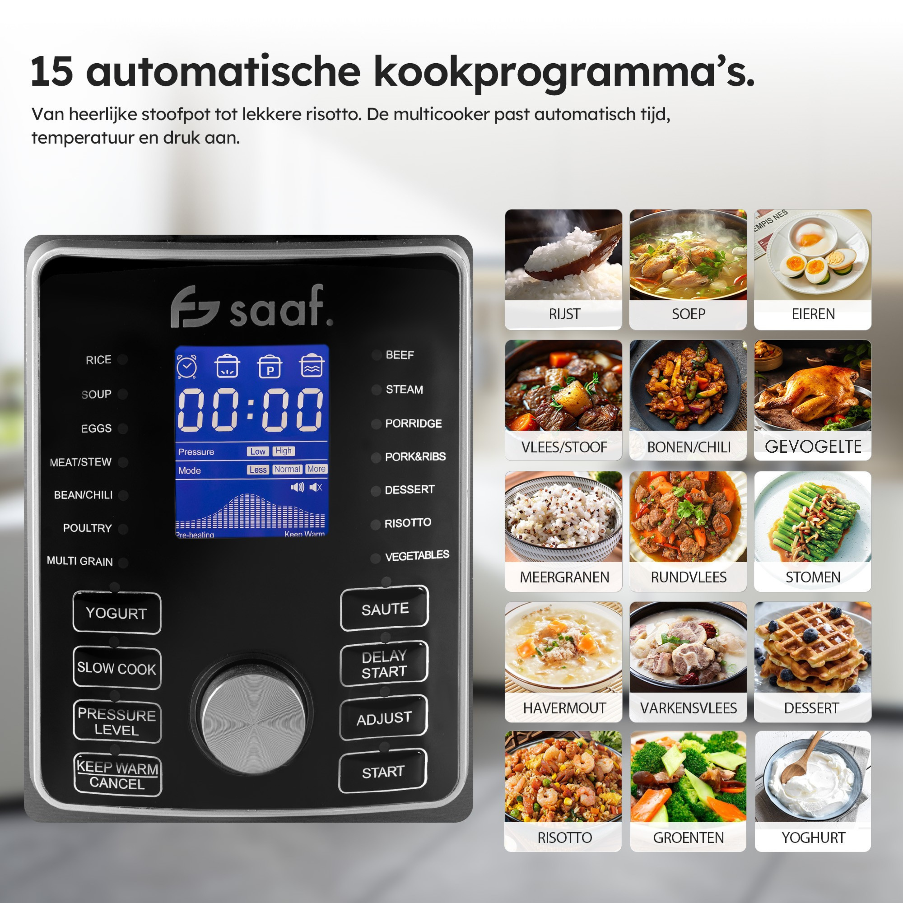 A multicooker with 15 programs, digital display, and food images.
