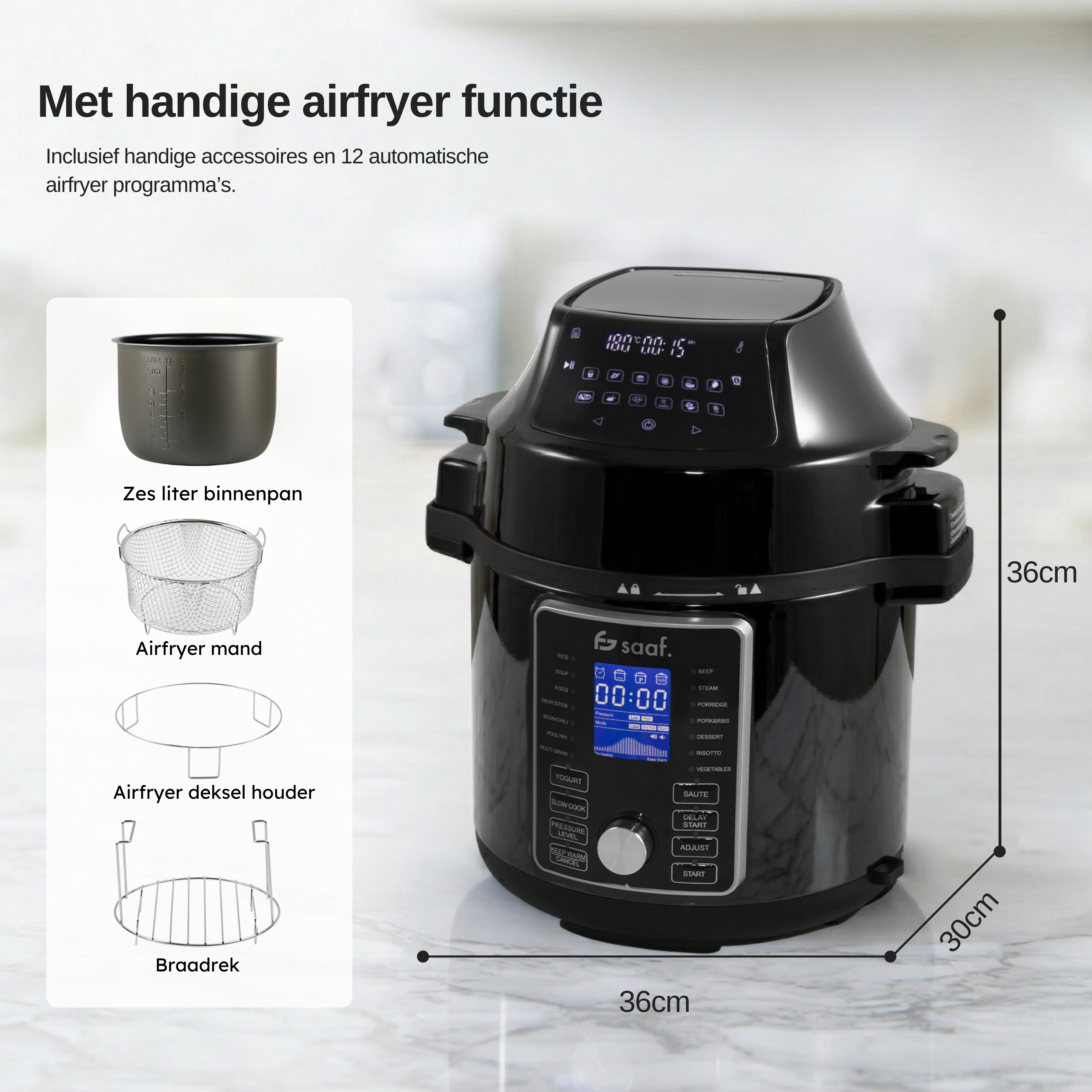 A black multi-cooker with accessories: inner pot, air fryer basket, and rack.
