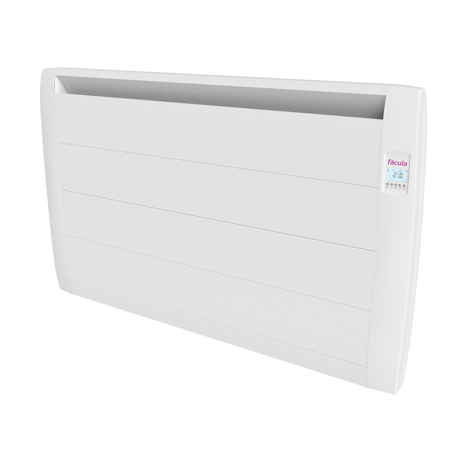 Un radiador eléctrico blanco con pantalla digital y botones de control.
