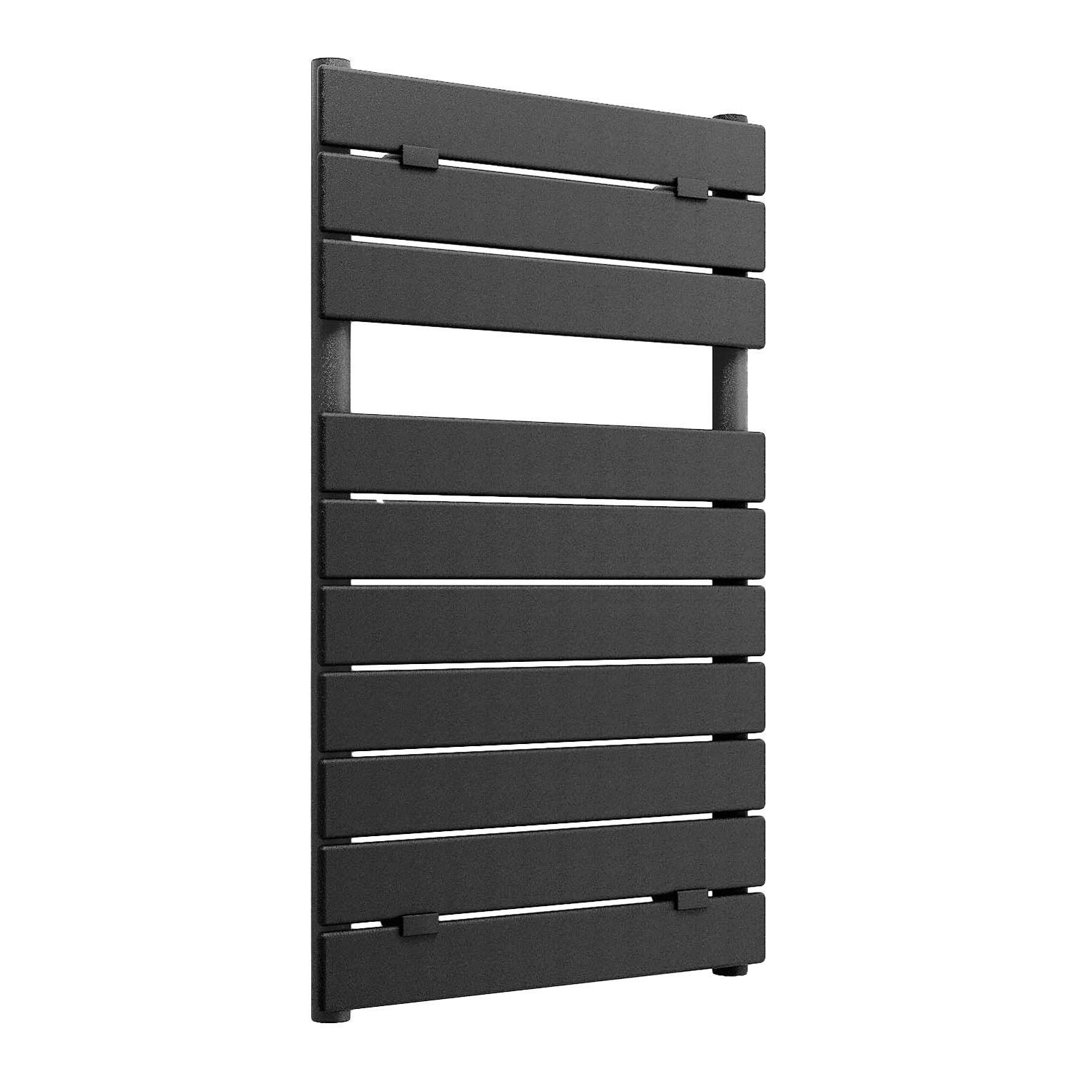 Un radiador oscuro y rectangular con lamas horizontales sobre fondo blanco.