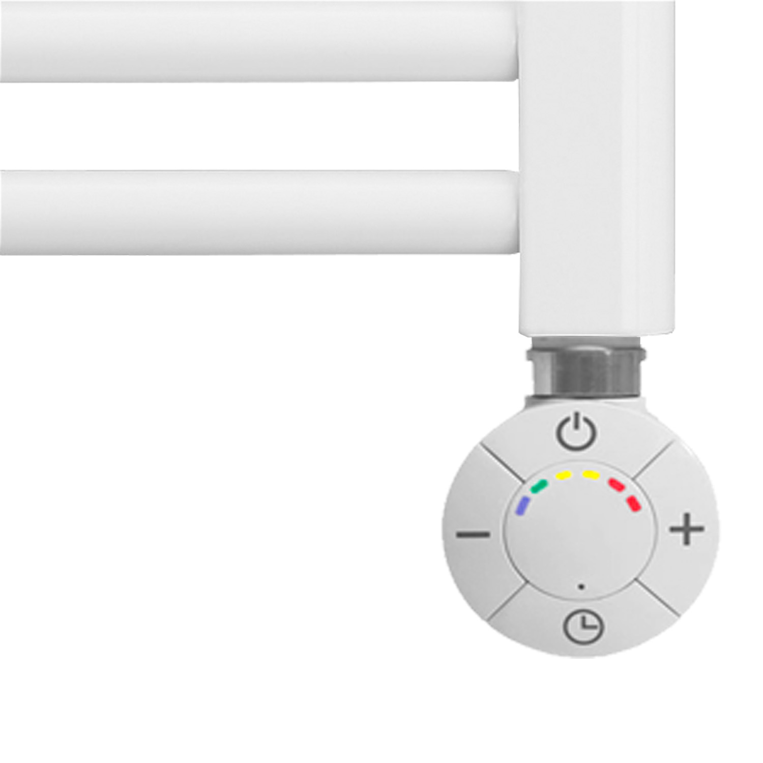 Primer plano de un termostato de radiador blanco con dial e luces indicadoras.