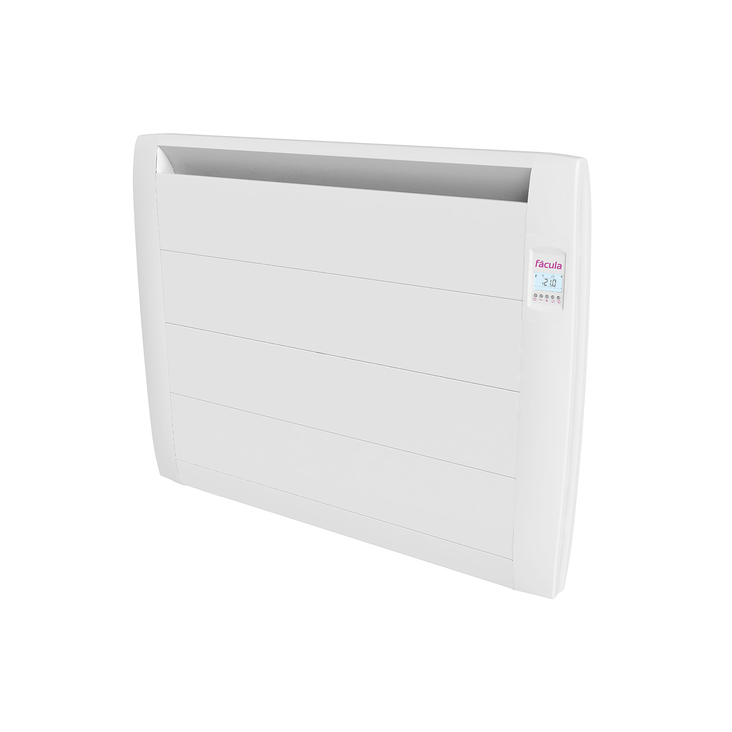 Un radiador eléctrico blanco y moderno con pantalla digital que muestra 21,0 grados.