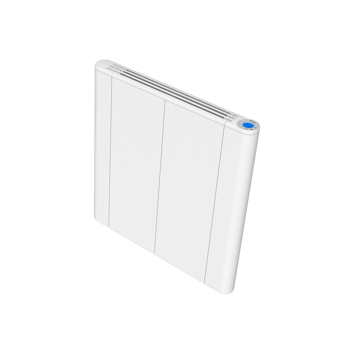 Un radiador blanco con pantalla digital sobre fondo blanco.