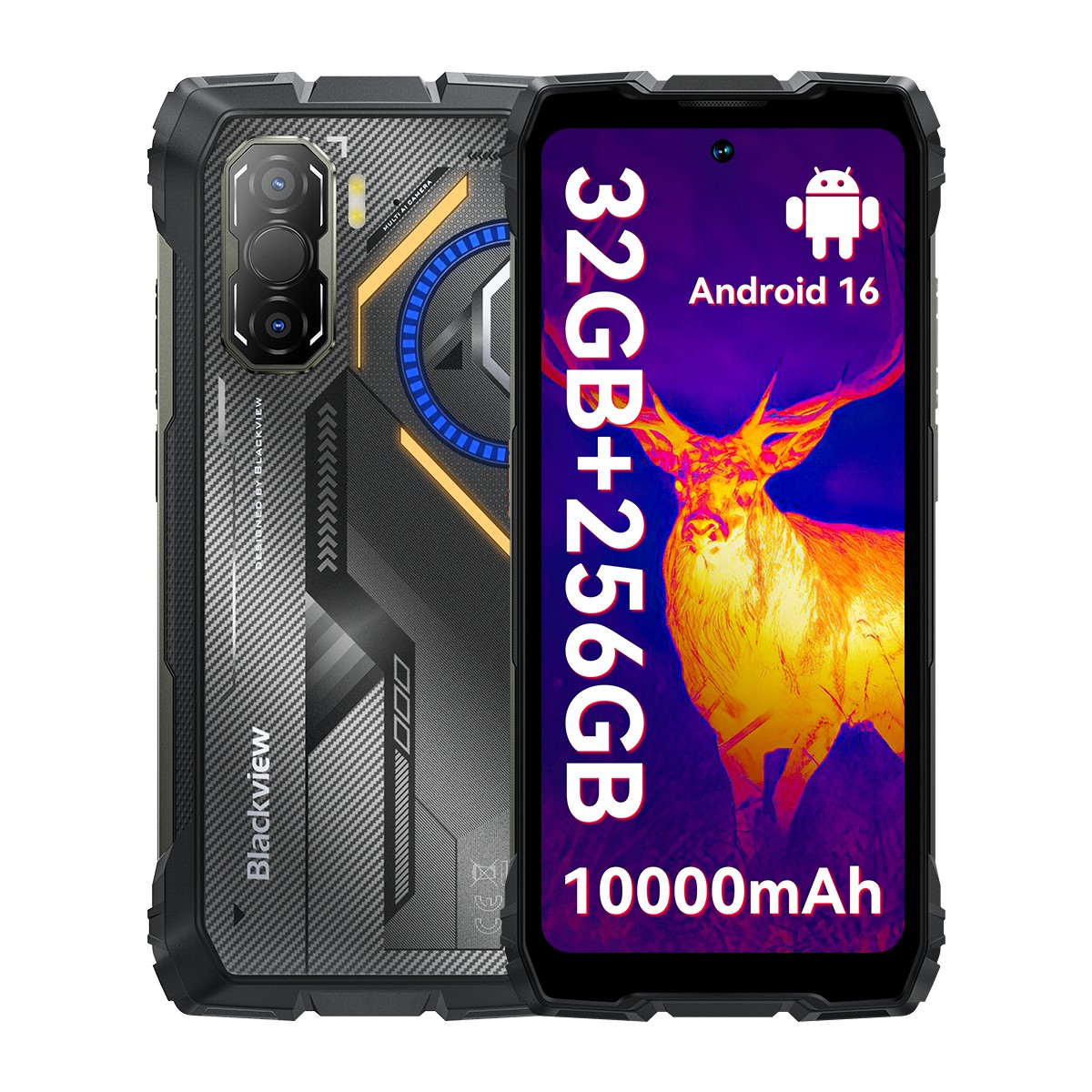 Telefono robusto 32GB+256GB, Android 16, batteria 10000mAh, schermo termico.