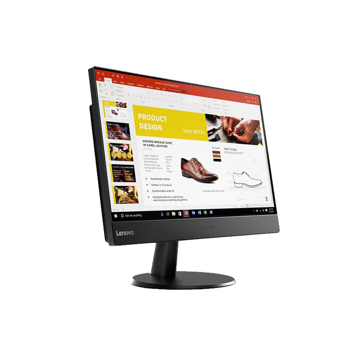 Komputer Lenovo typu "wszystko w jednym" wyświetla prezentację produktu o brązowych skórzanych butach.