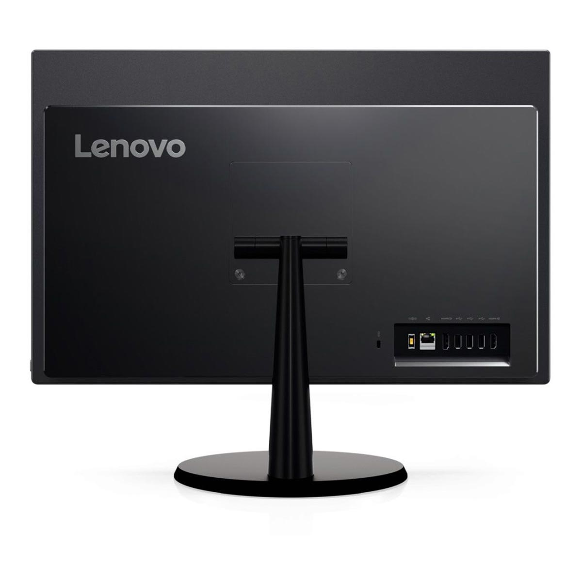 Tył czarnego komputera Lenovo All-in-One z widocznymi portami.