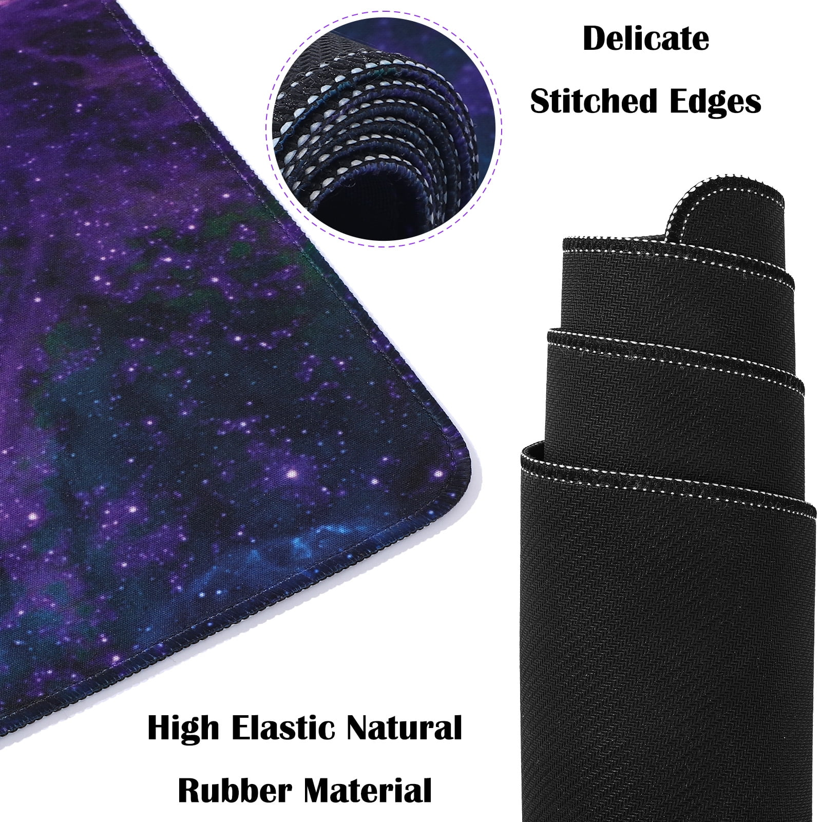 Lila-blaue Galaxie-Mauspad mit detaillierten Nähten und Gummirückseite.