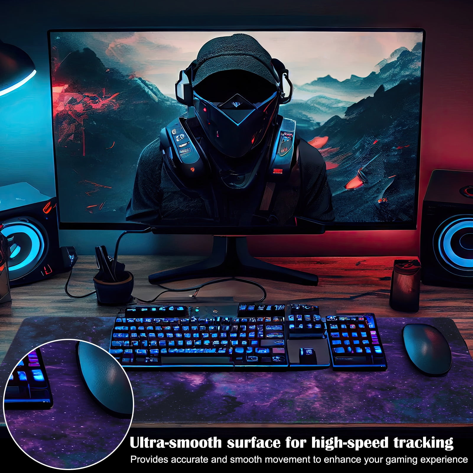 Gaming-Setup mit beleuchteter Tastatur, Maus, Lautsprechern und Monitor.