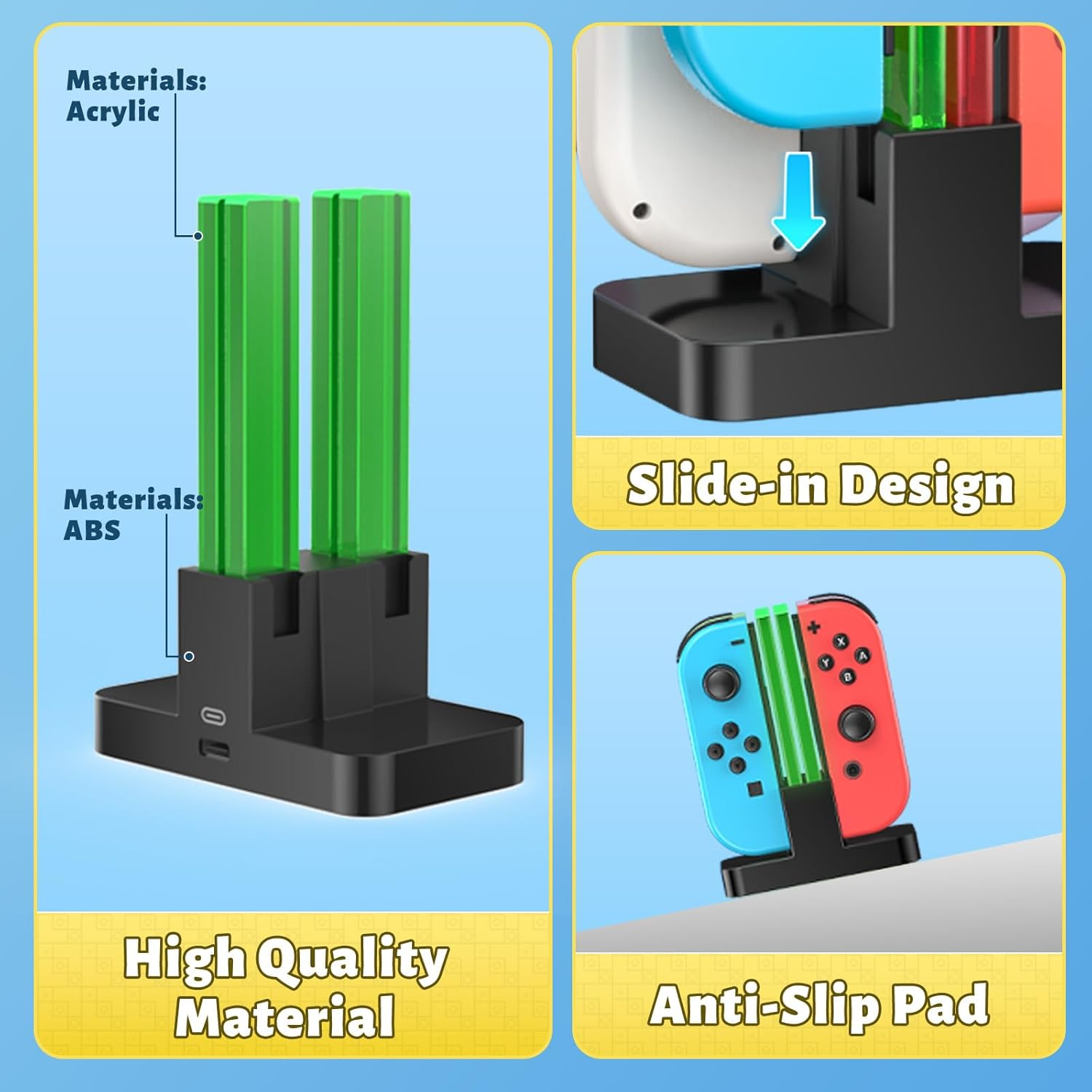 Ein Lade-Dock mit blauem und rotem Controller, Acryl- und ABS-Materialien.